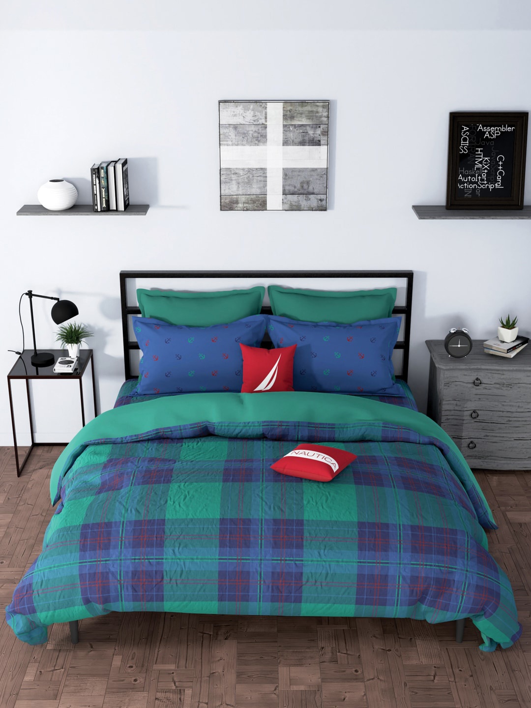 

Nautica Blue & Green Checked GSM 120 GSM Pure Cotton Double Bed Quilt