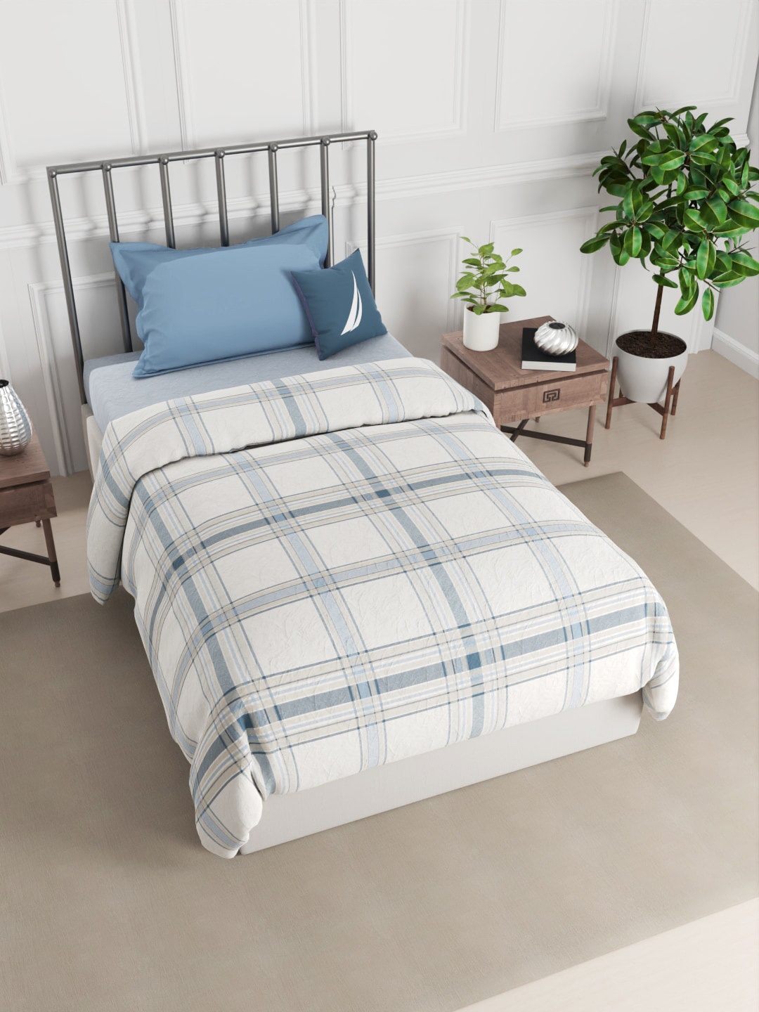 

Nautica Blue & Beige Checked AC Room 150 GSM Pure Cotton Single Bed Quilt