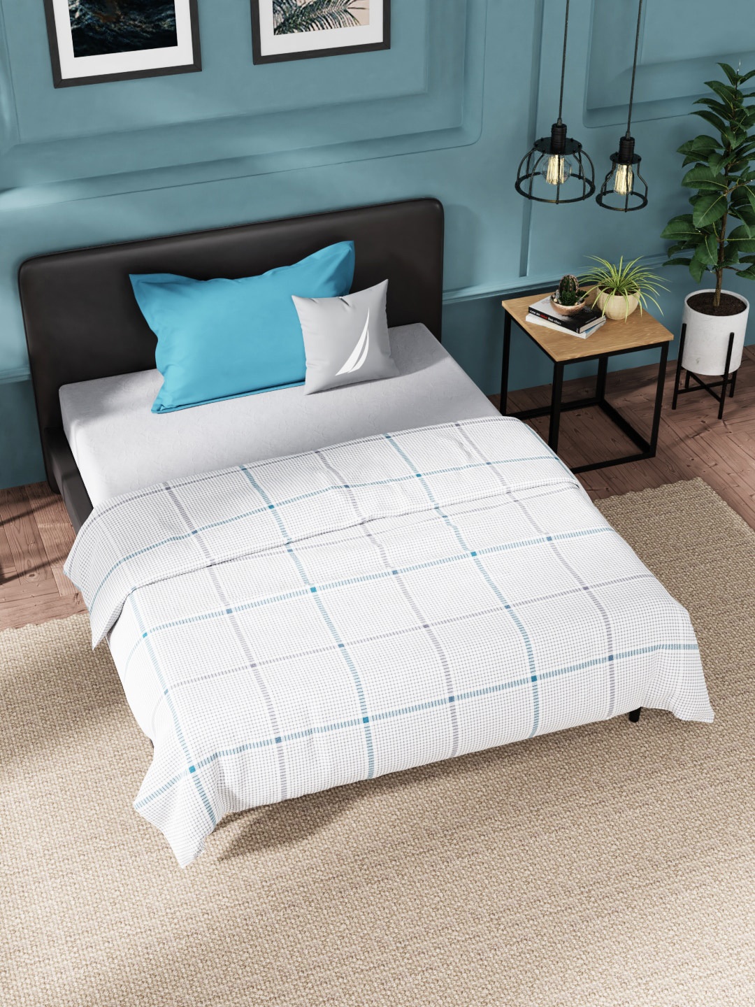 

Nautica White & Blue Checked AC Room 210 GSM Single Bed Dohar