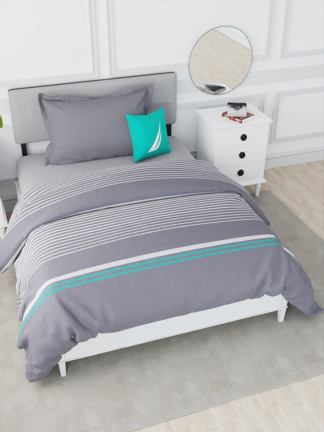 

Nautica Grey & Blue Striped AC Room 150 GSM Pure Cotton Single Bed Quilt