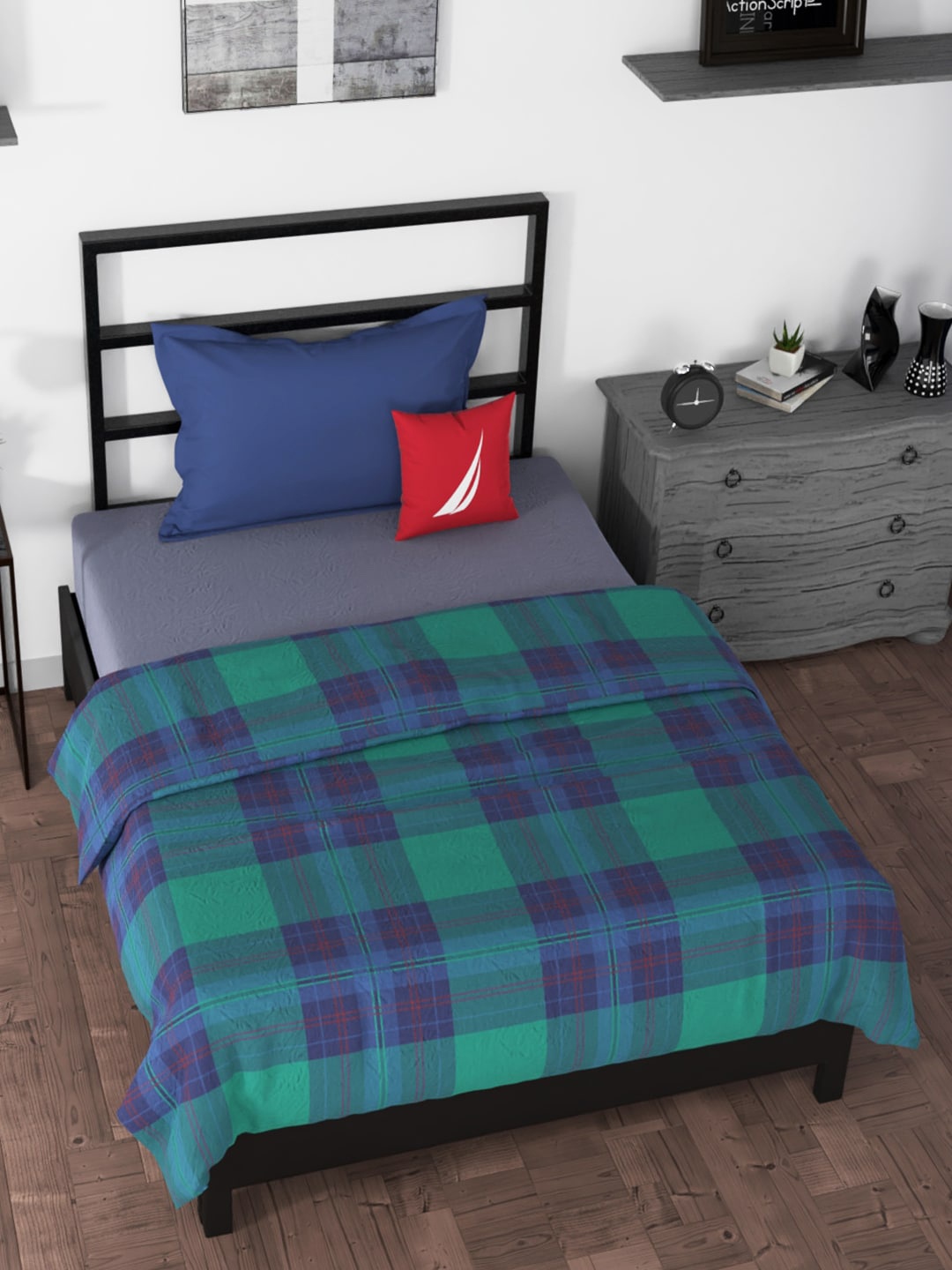 

Nautica Green & Blue Checked AC Room 210 GSM Single Bed Dohar