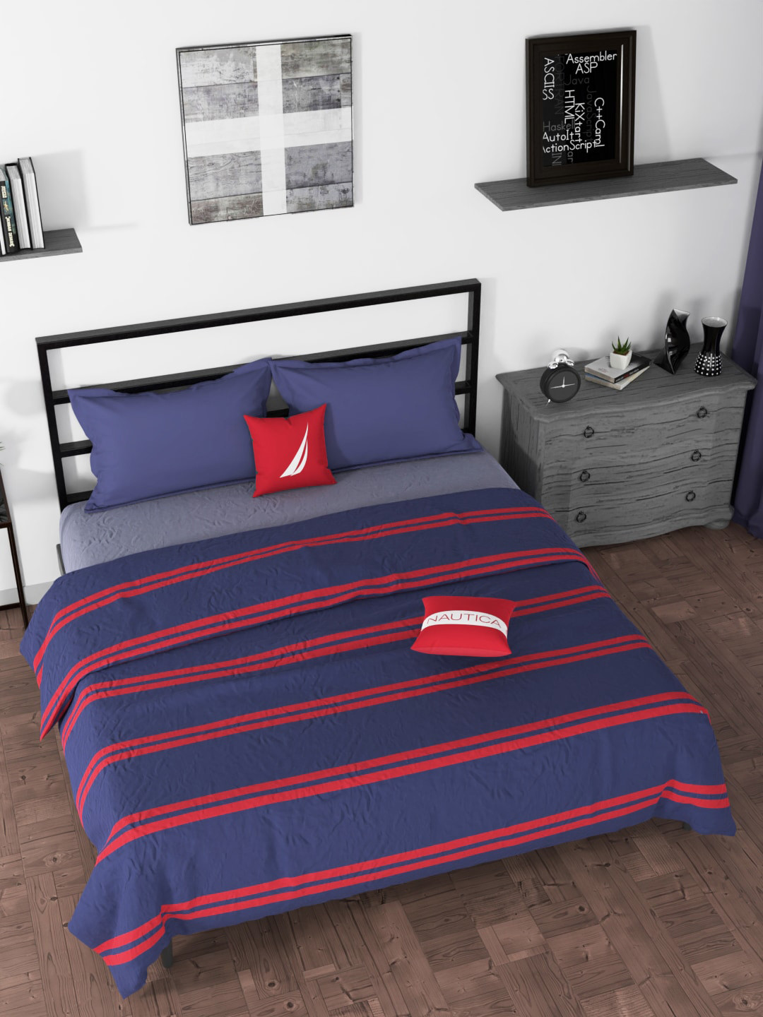 

Nautica Navy Blue & Red Striped AC Room 210 GSM Double Bed Dohar