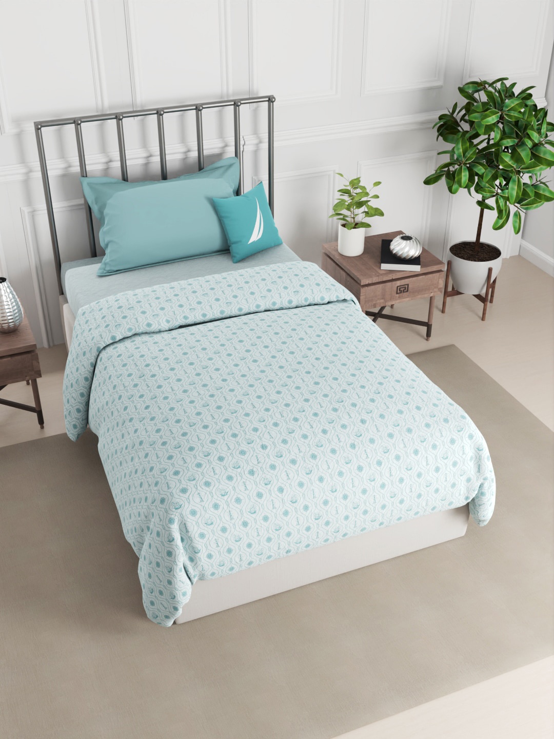 

Nautica Turquoise Blue Geometric AC Room 150 GSM Pure Cotton Single Bed Quilt