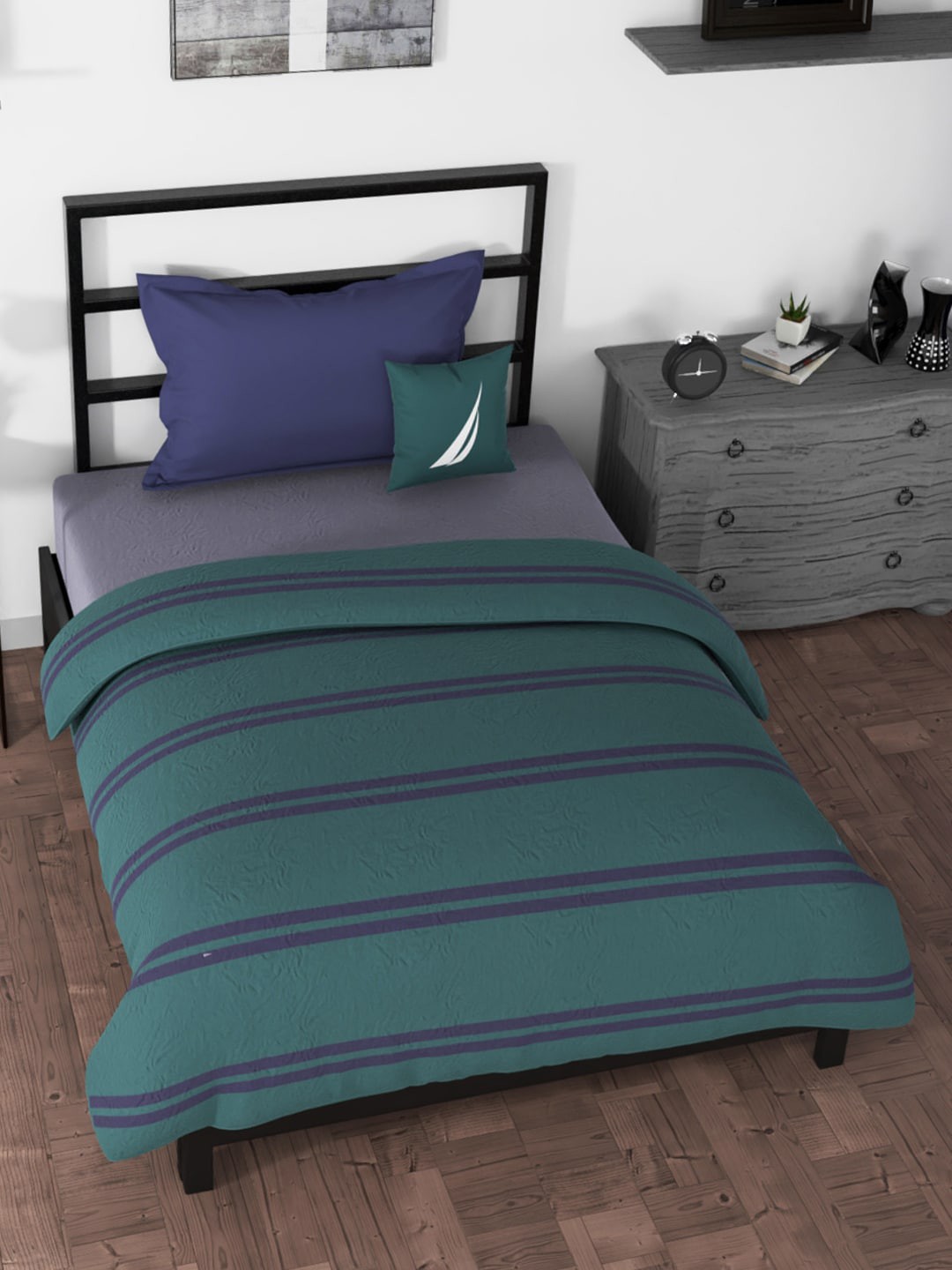 

Nautica Green & Blue Striped AC Room 120 GSM Pure Cotton Single Bed Quilt