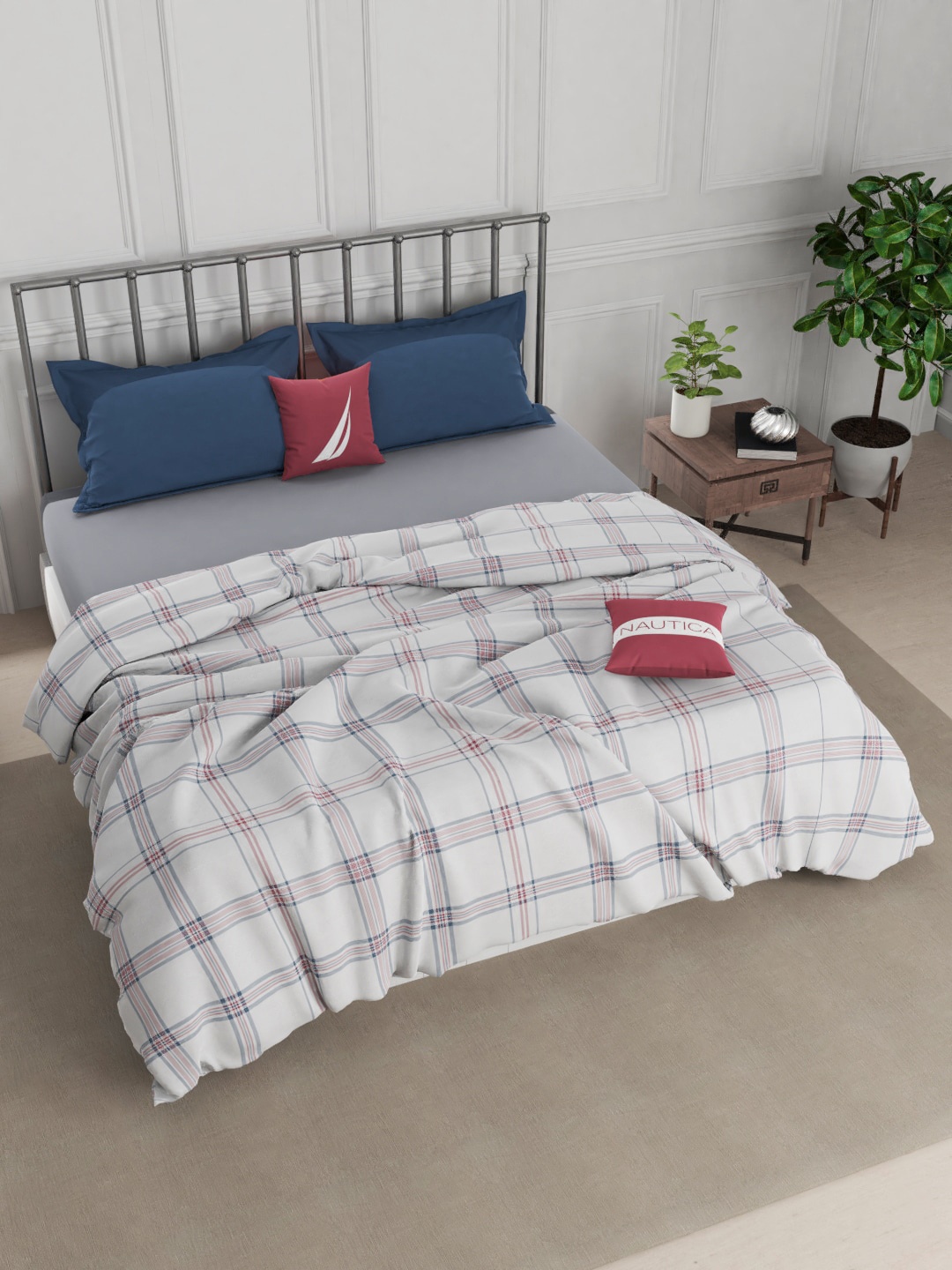 

Nautica White & Blue Checked AC Room 150 GSM Pure Cotton Double Bed Quilt