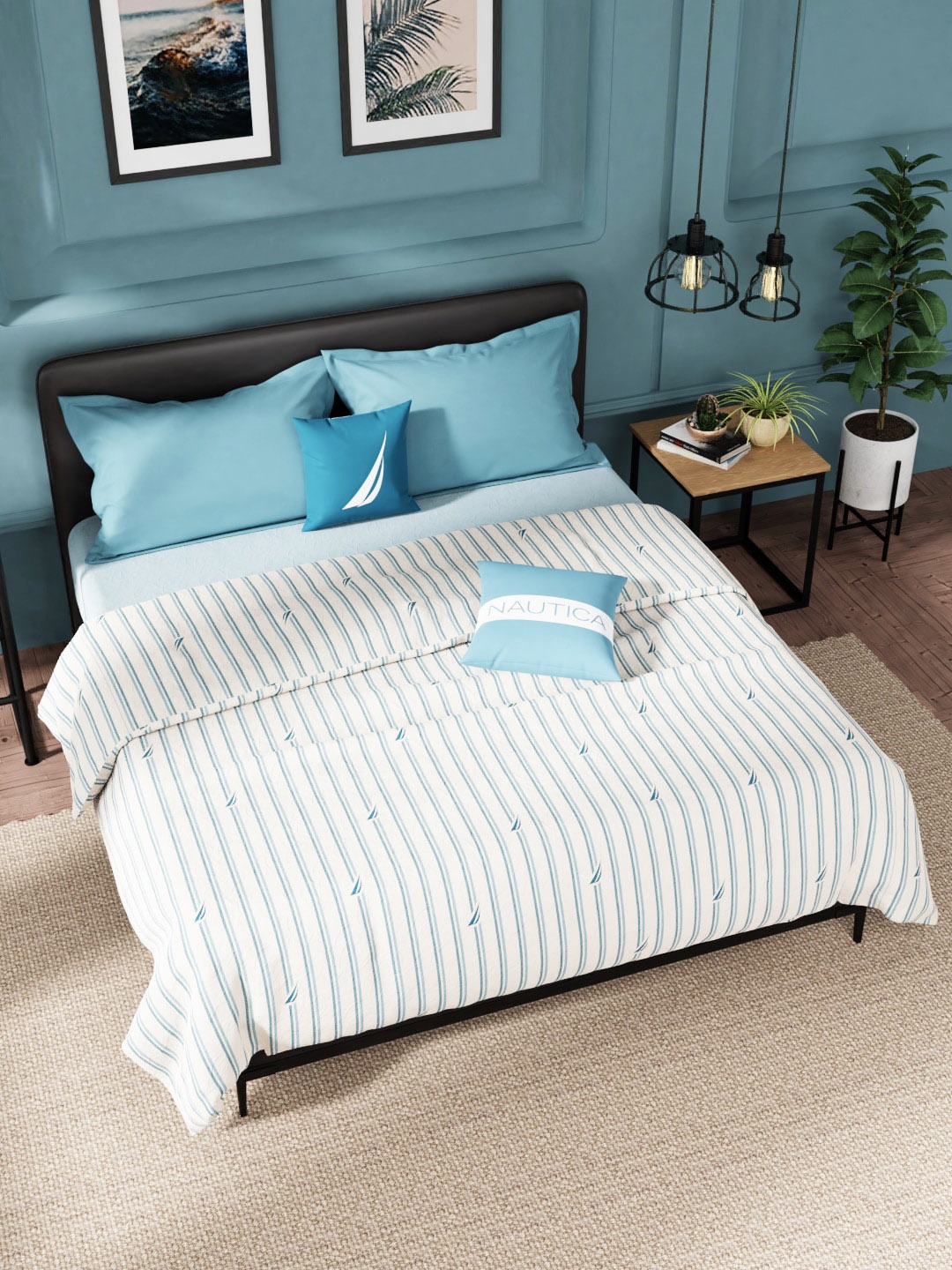

Nautica White & Blue Striped AC Room 210 GSM Double Bed Pure Cotton Blanket