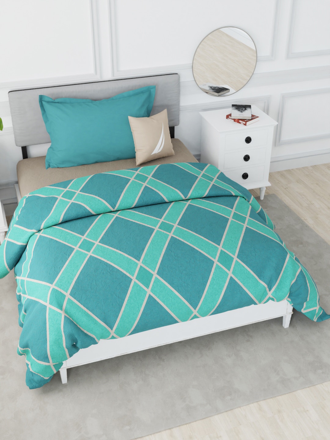 

Nautica Turquoise Blue & White Geometric AC Room 150 GSM Pure Cotton Single Bed Quilt