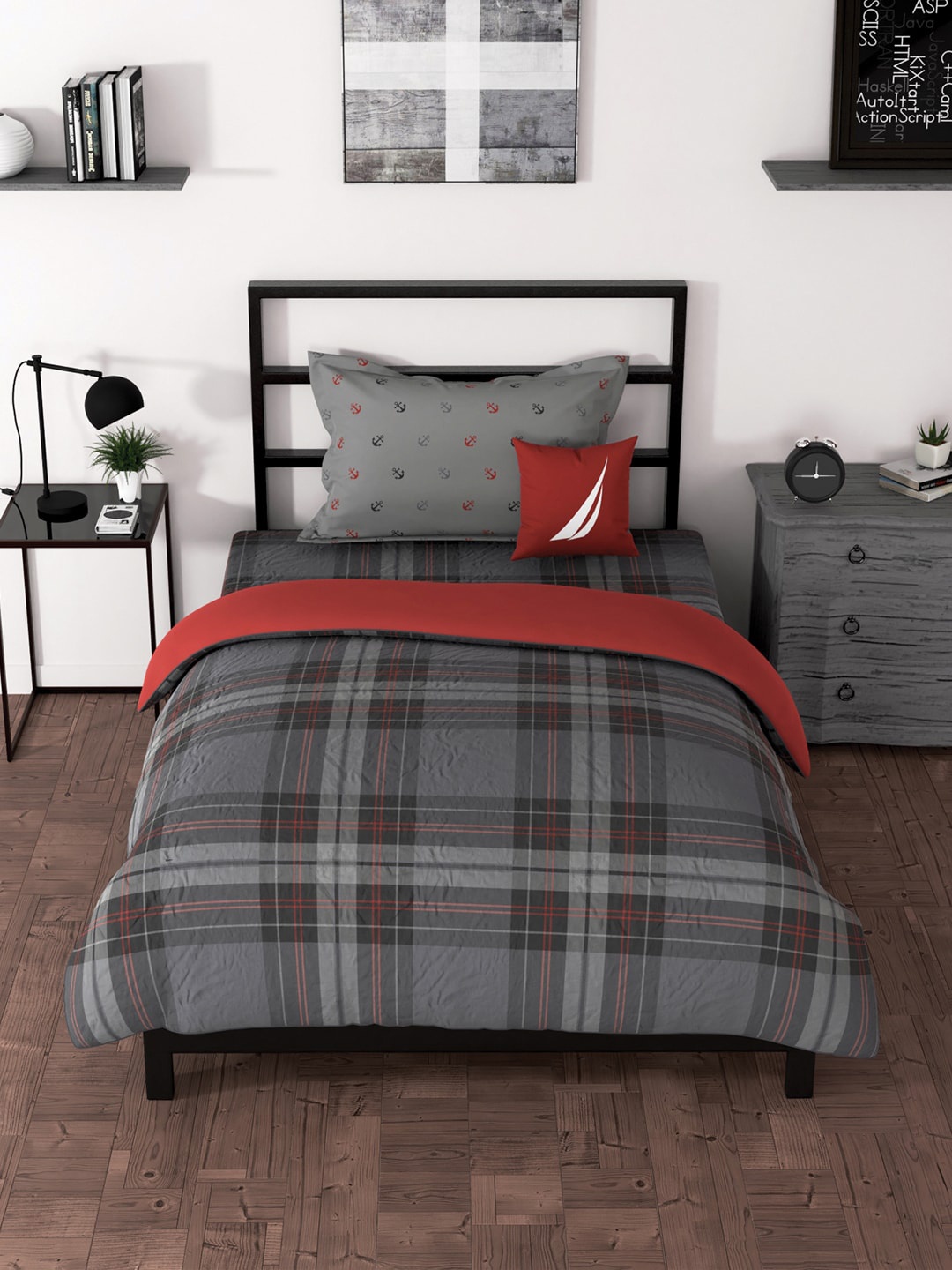 

Nautica Grey & Red Checked AC Room 120 GSM Pure Cotton Single Bed Quilt