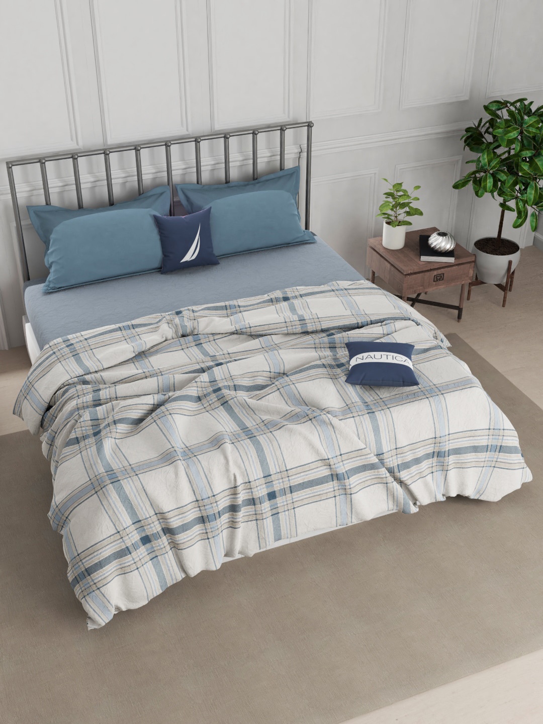 

Nautica White & Blue Checked AC Room 150 GSM Pure Cotton Double Bed Quilt