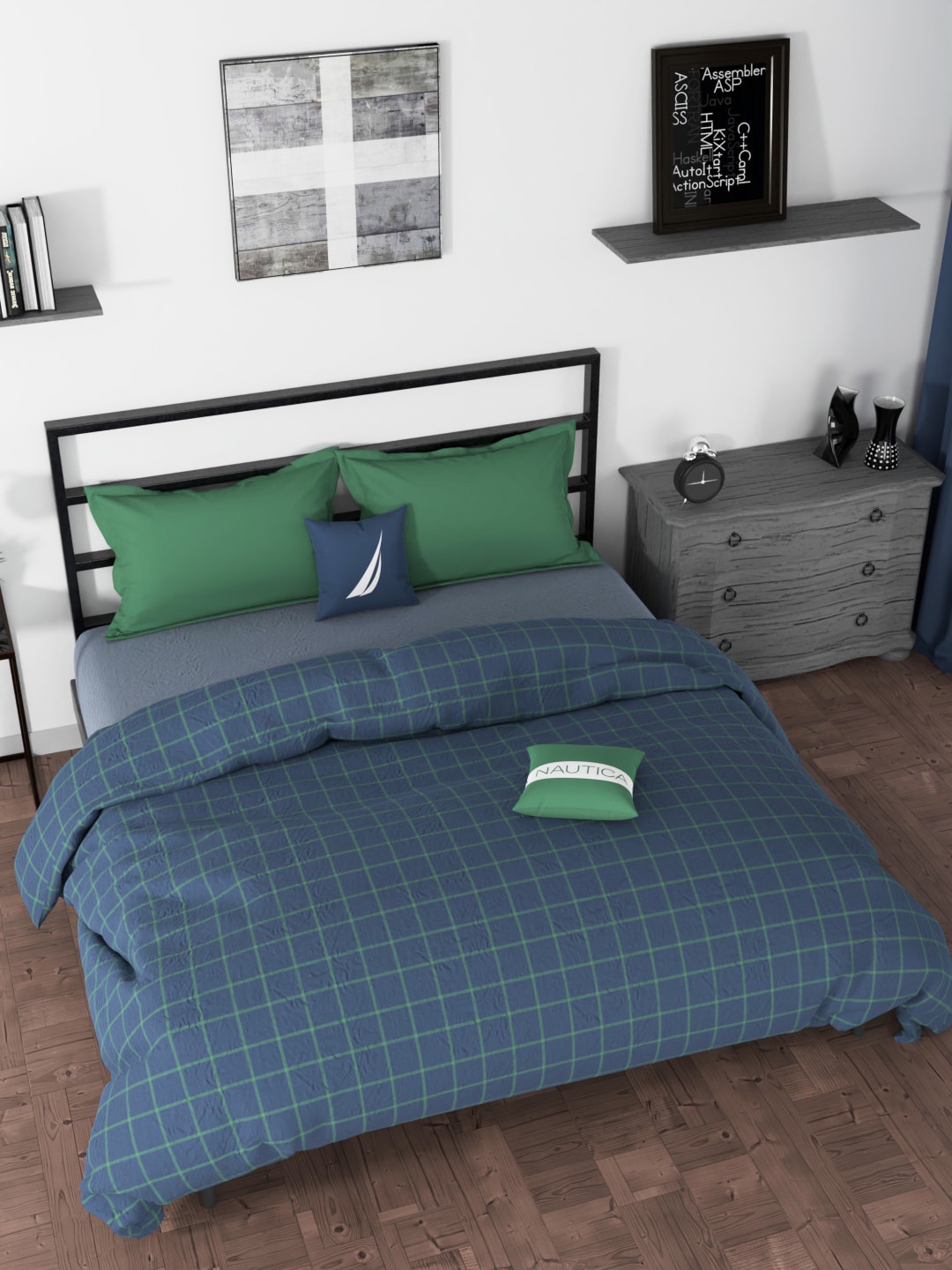 

Nautica Adults Blue & Green Checked AC Room 120 GSM Pure Cotton Double Bed Quilt