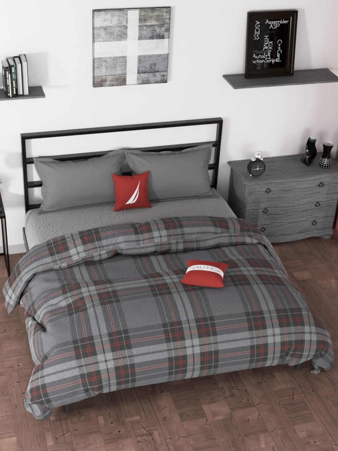

Nautica Grey & Red Checked AC Room 120 GSM Pure Cotton Double Bed Quilt