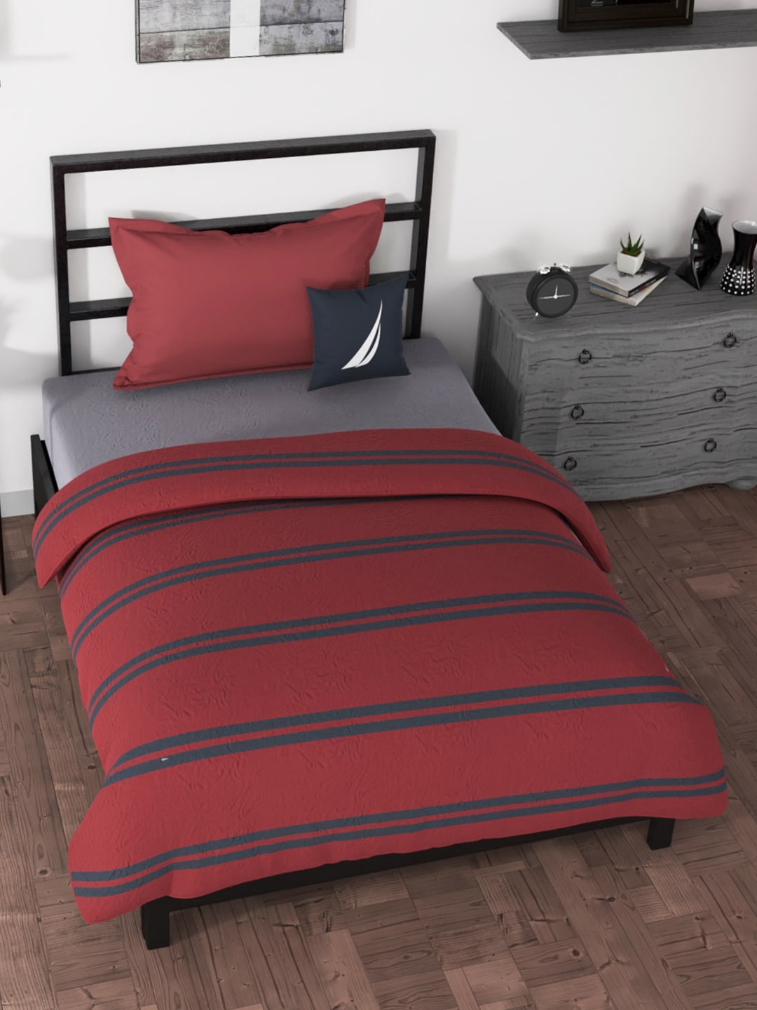 

Nautica Red Striped AC Room 120 GSM Pure Cotton Single Bed Quilt