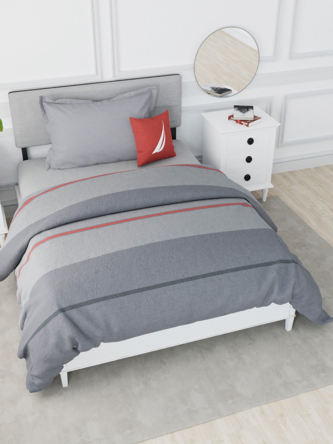 

Nautica Grey & Red Striped AC Room 150 GSM Pure Cotton Single Bed Quilt