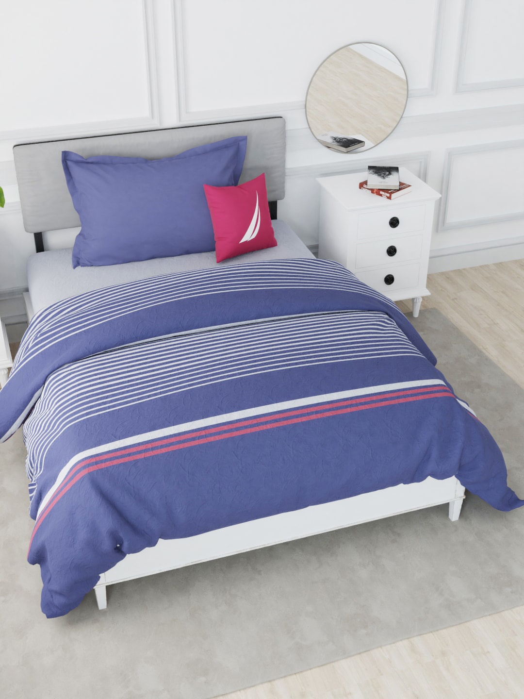 

Nautica White & Blue Striped AC Room 150 GSM Pure Cotton Single Bed Quilt