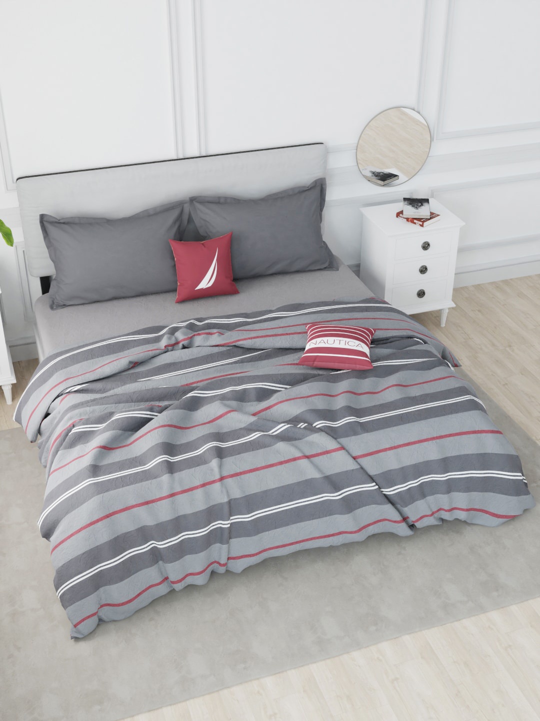 

Nautica Grey & Red Striped AC Room 150 GSM Double Bed Quilt