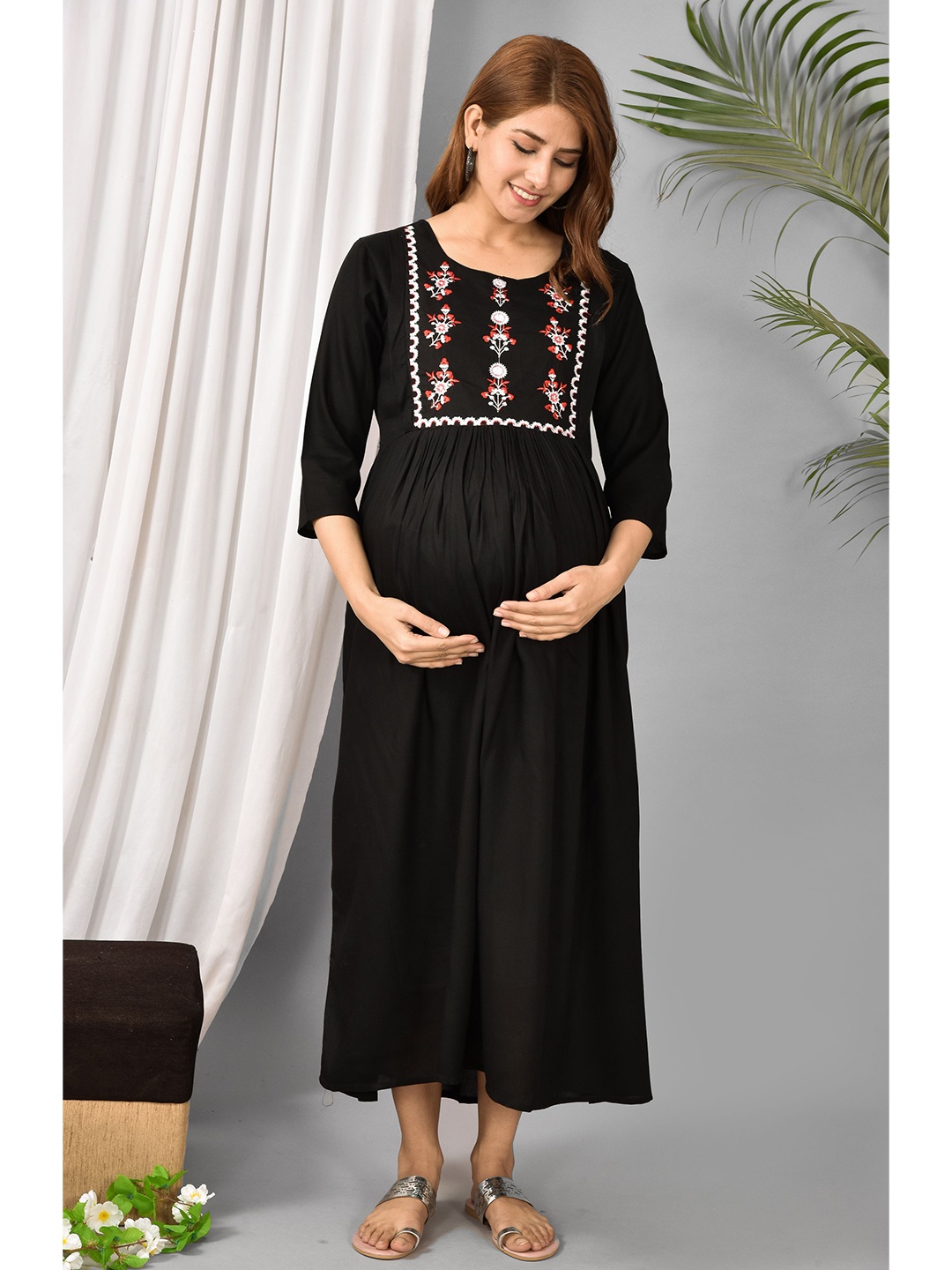 

KALINI Maternity Black & White Floral Embroidered Empire Maxi Dress