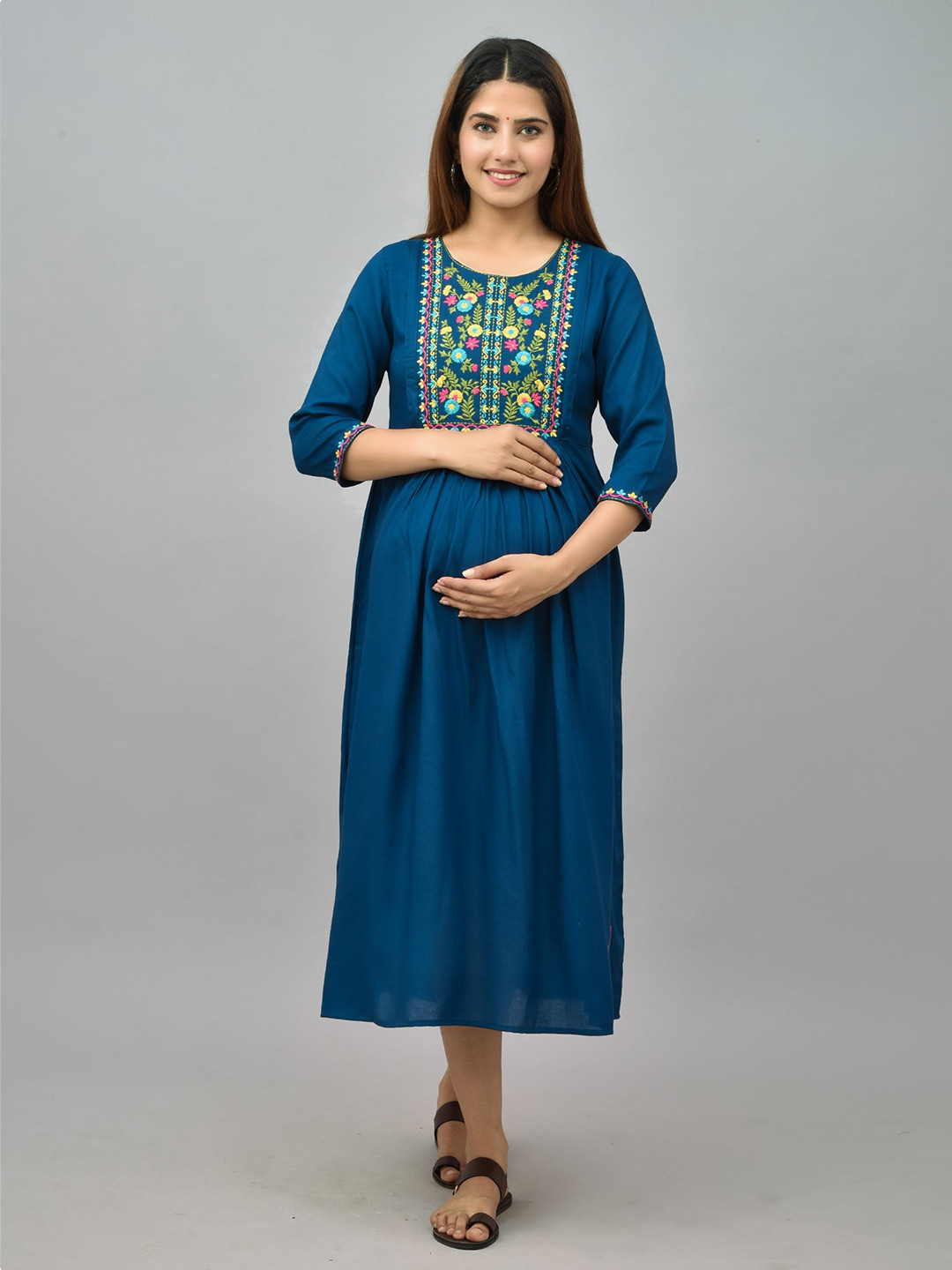 

KALINI Blue & Green Embroidered Maternity Midi Dress