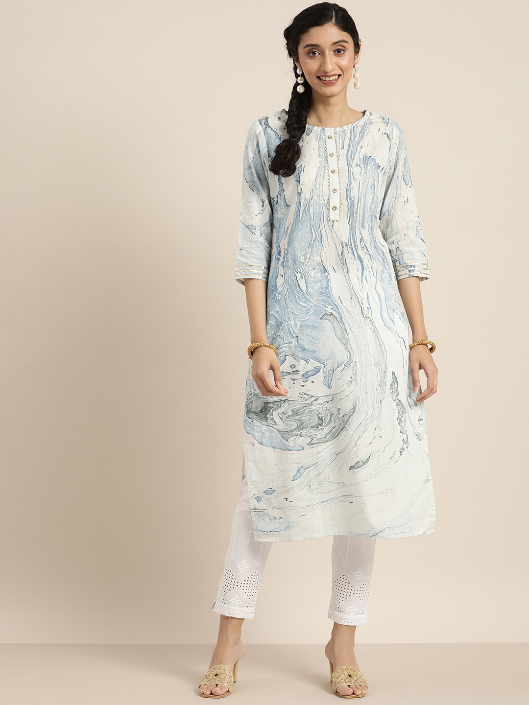 

Taavi Women Grey & Blue Hand Dyed Marbling Pure Cotton Kurta with Trousers