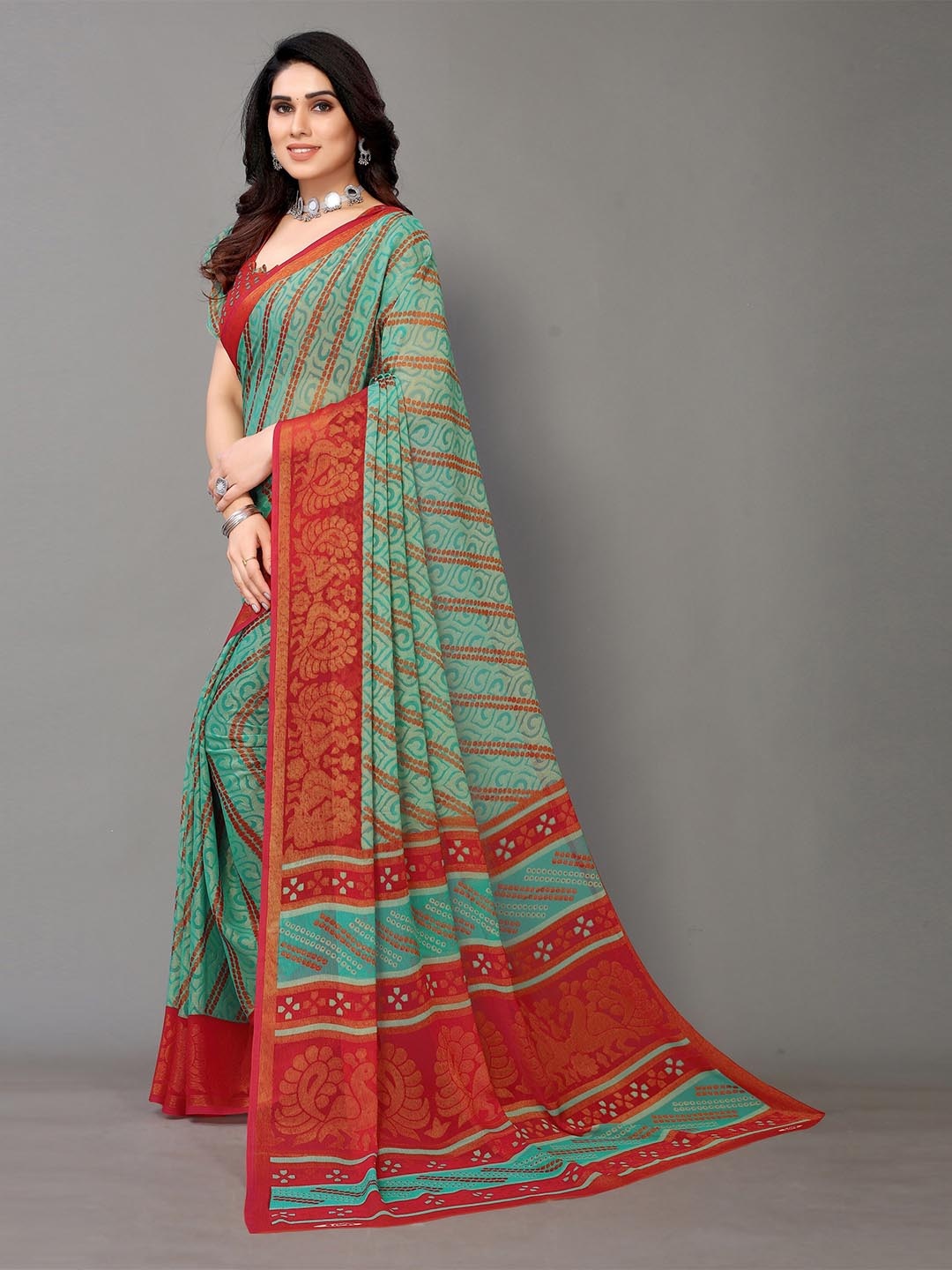 

Winza Designer Sea Green & Red Bandhani Zari Pure Chiffon Bandhani Saree