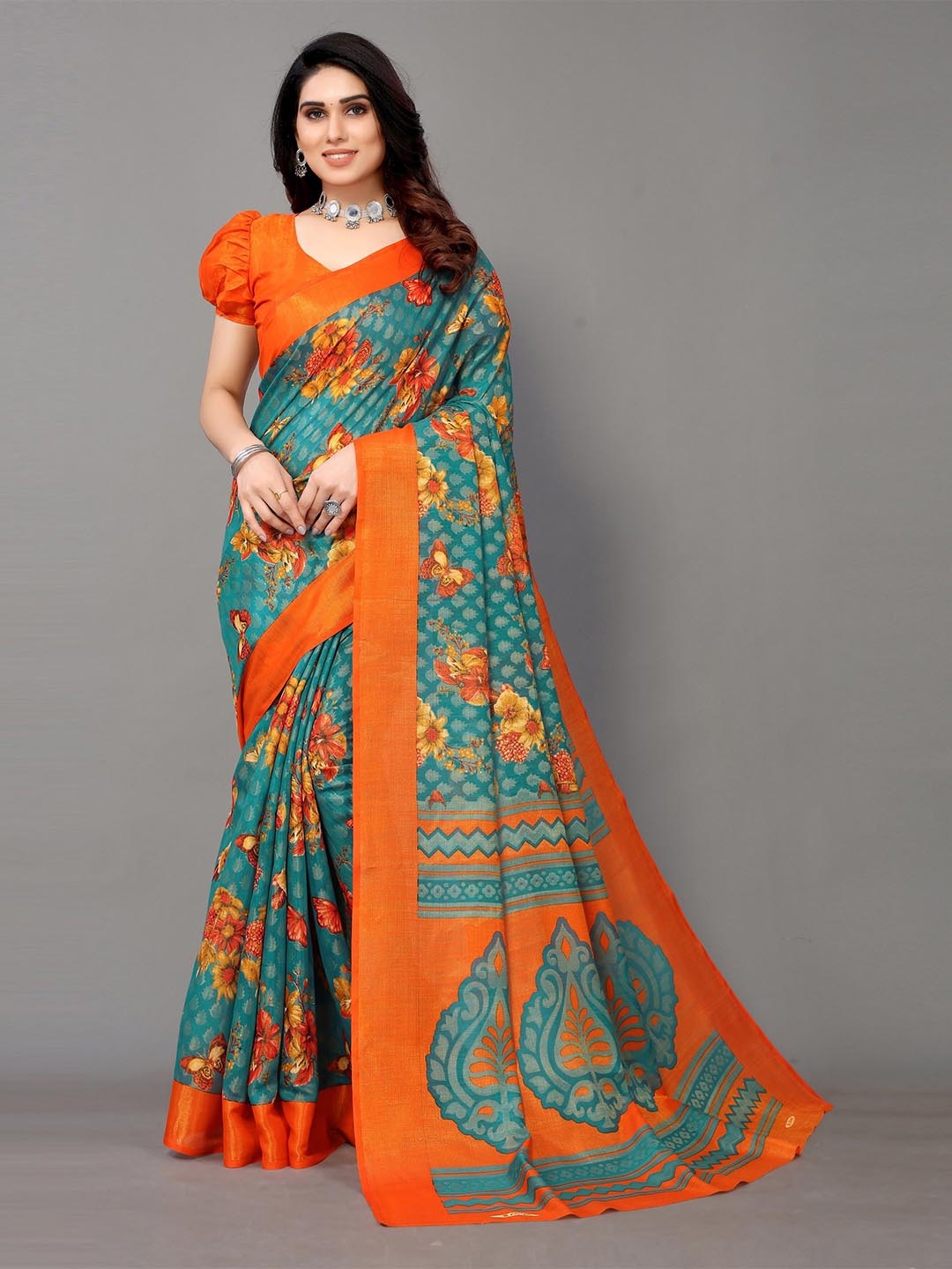

Winza Designer Teal & Orange Floral Pure Cotton Jamdani Saree