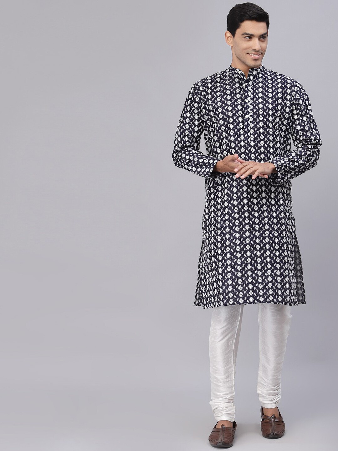 

NEUDIS Men Navy Blue Printed Dupion Silk Kurta with Churidar
