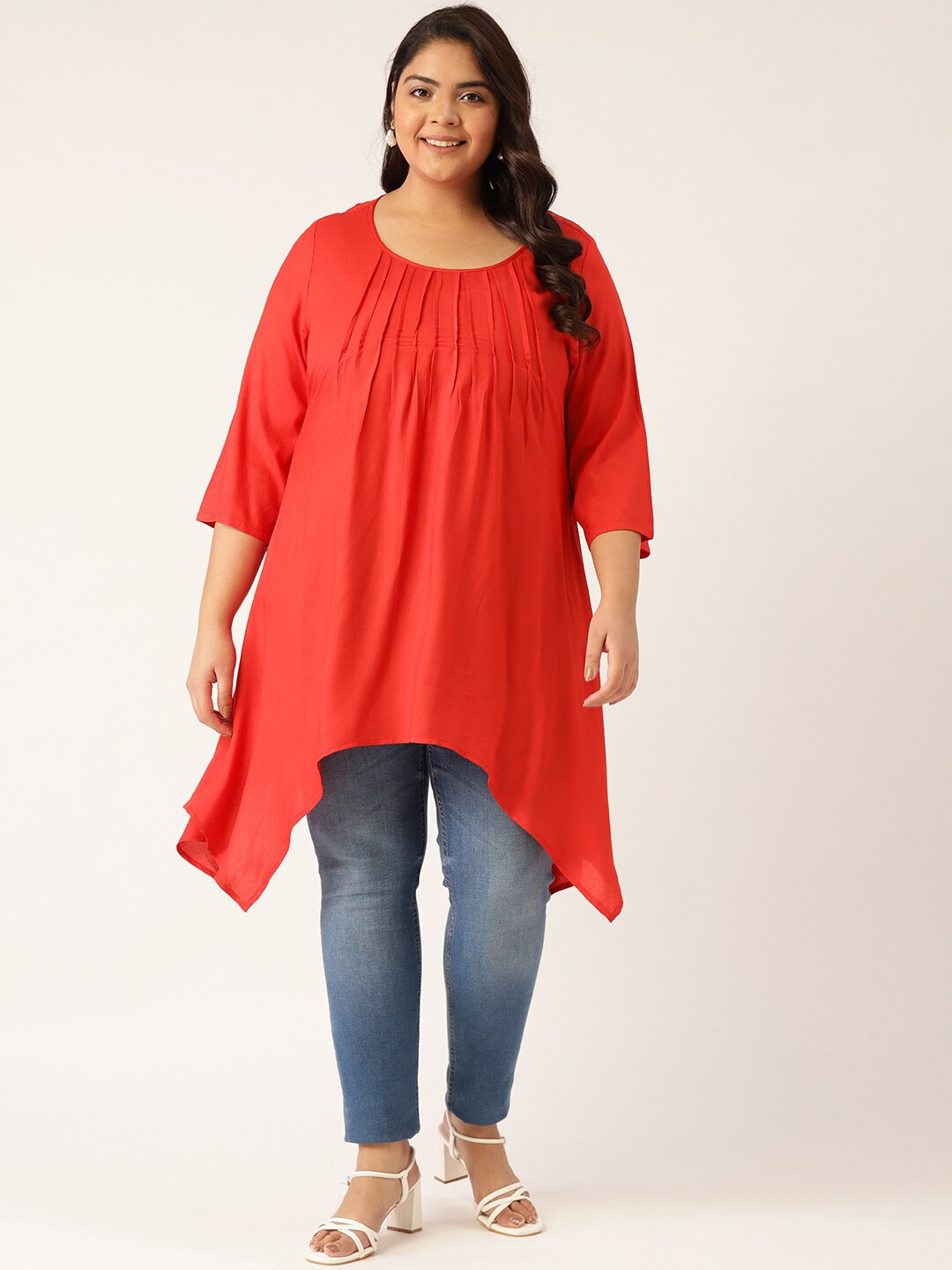 

theRebelinme Plus Size Women Red Solid Front Pleated Longline Top
