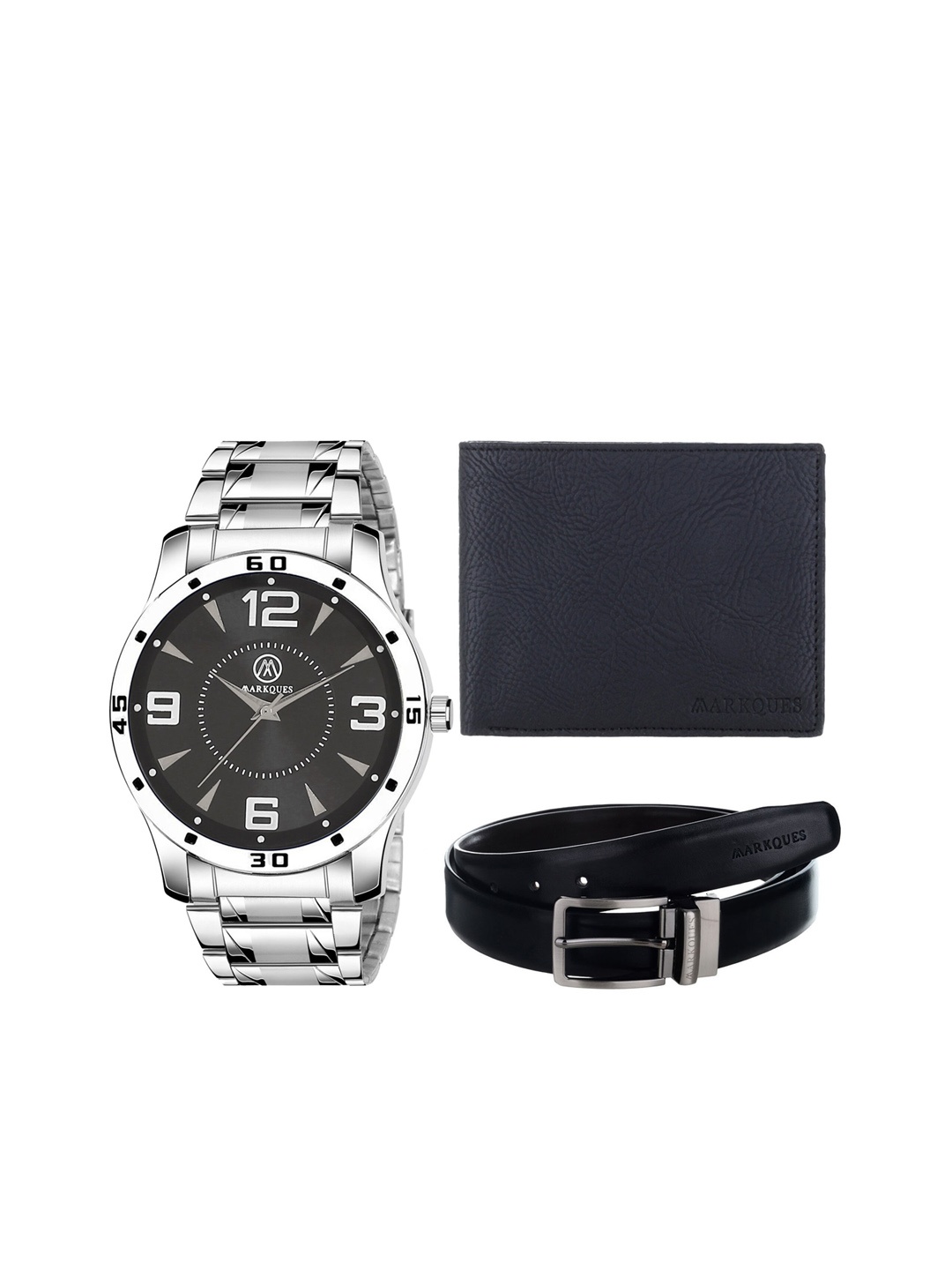 

MARKQUES Men Set of 3 Black & Silver-Toned Solid Accessory Gift Set