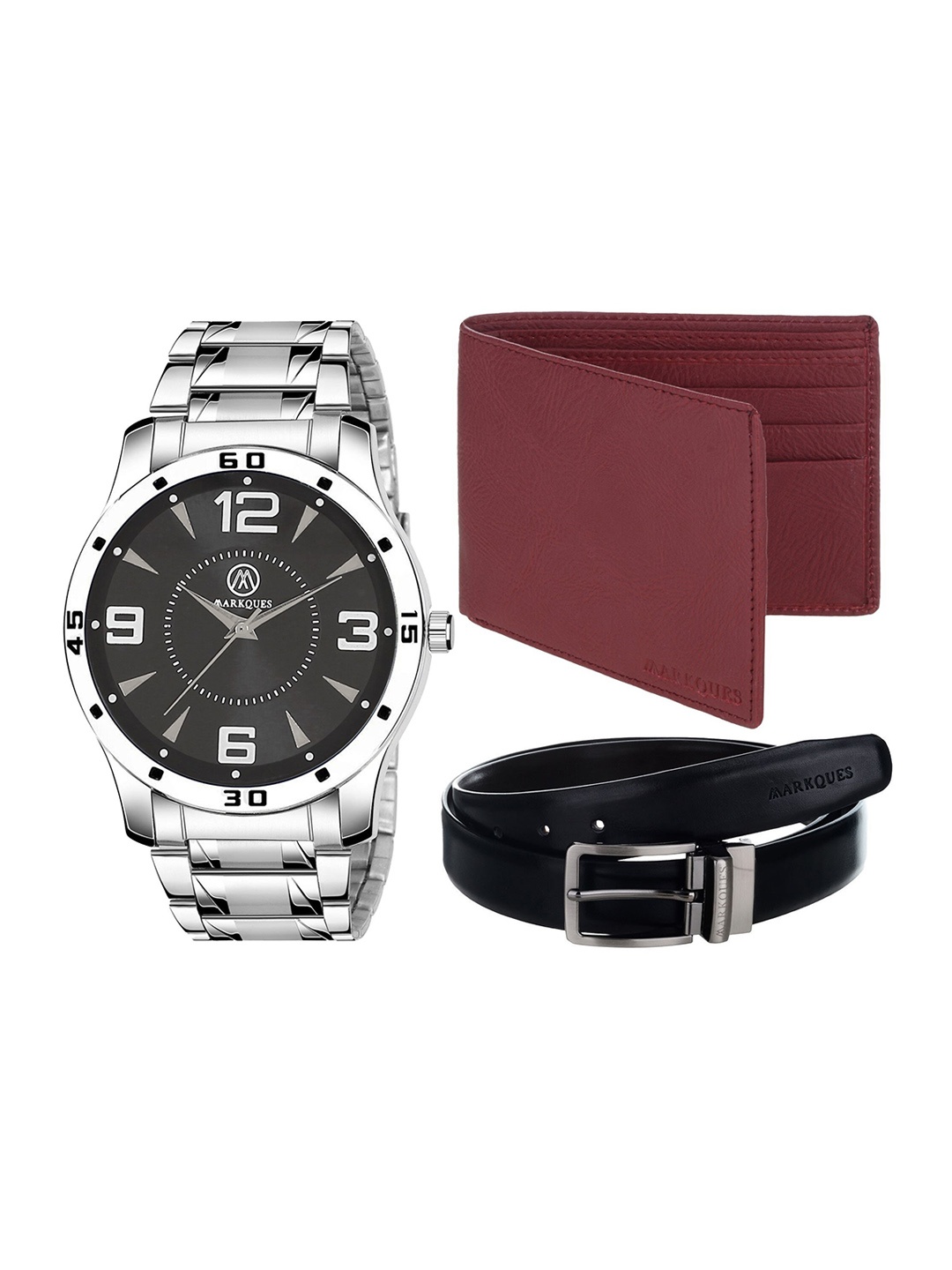 

MARKQUES Men Pack Of 3 Silver-Toned & Brown Solid Accessory Gift Set