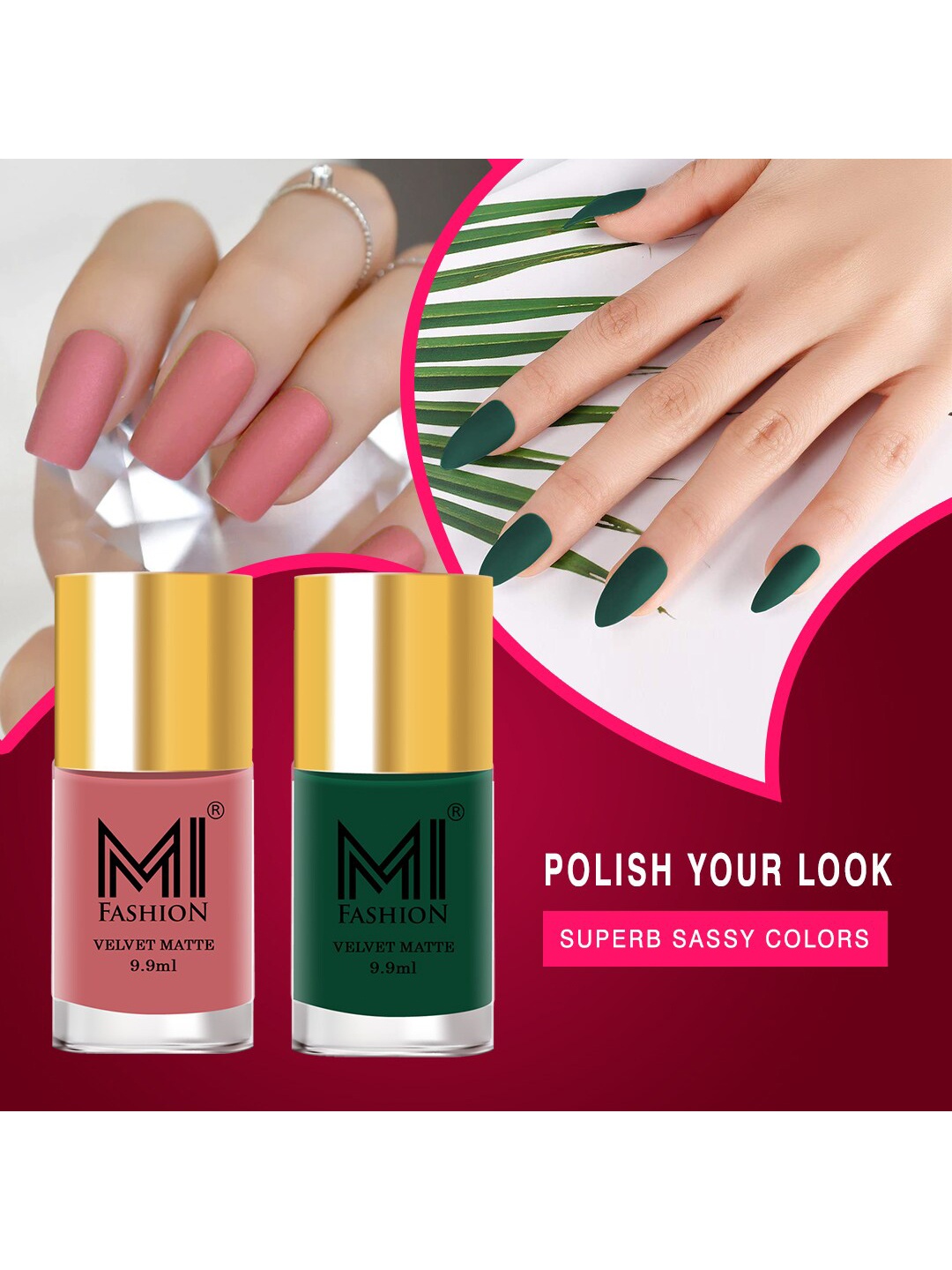 

MI FASHION Set of 2 Velvet Matte Truly Unique Long Lasting Nail Polish - 9.9 ml Each, Green