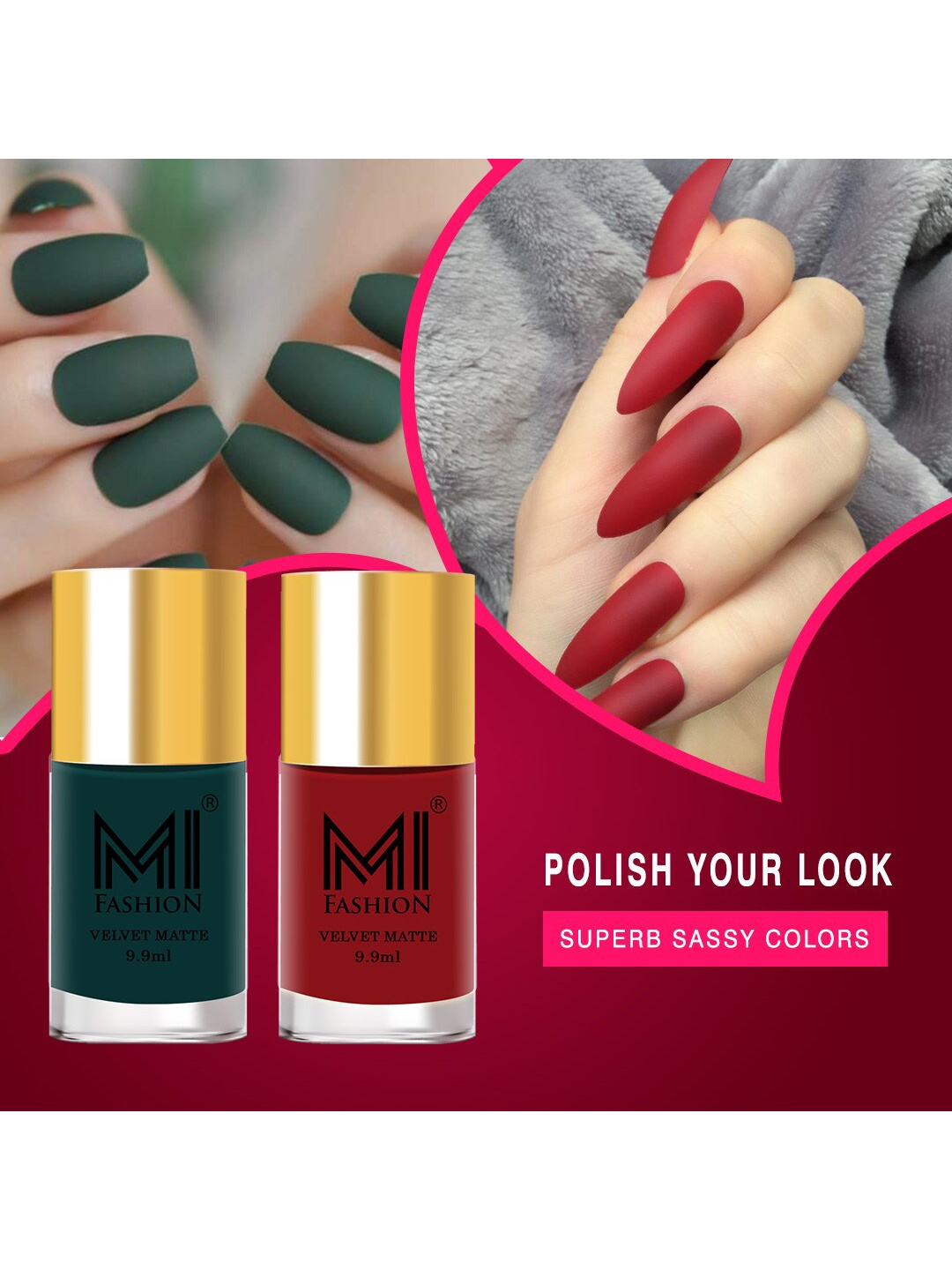 

MI FASHION Set of 2 Velvet Matte Truly Unique Long Lasting Nail Polish - 9.9 ml Each, Green