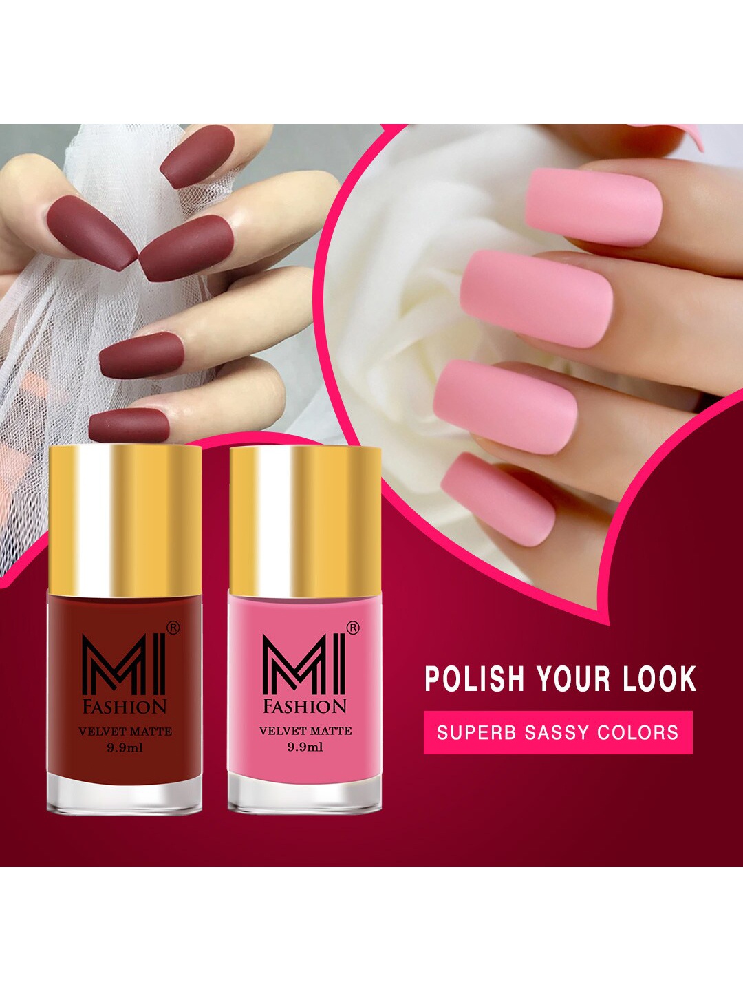 

MI FASHION Set of 2 Velvet Matte Long Lasting Nail Polish 9.9 ml Each - Shades 17 & 07, Red