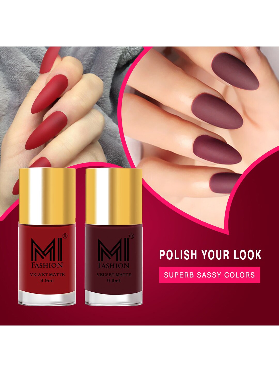 

MI FASHION Set of 2 Velvet Matte Long Lasting Nail Polish 9.9 ml Each - Shades 22 & 26, Maroon
