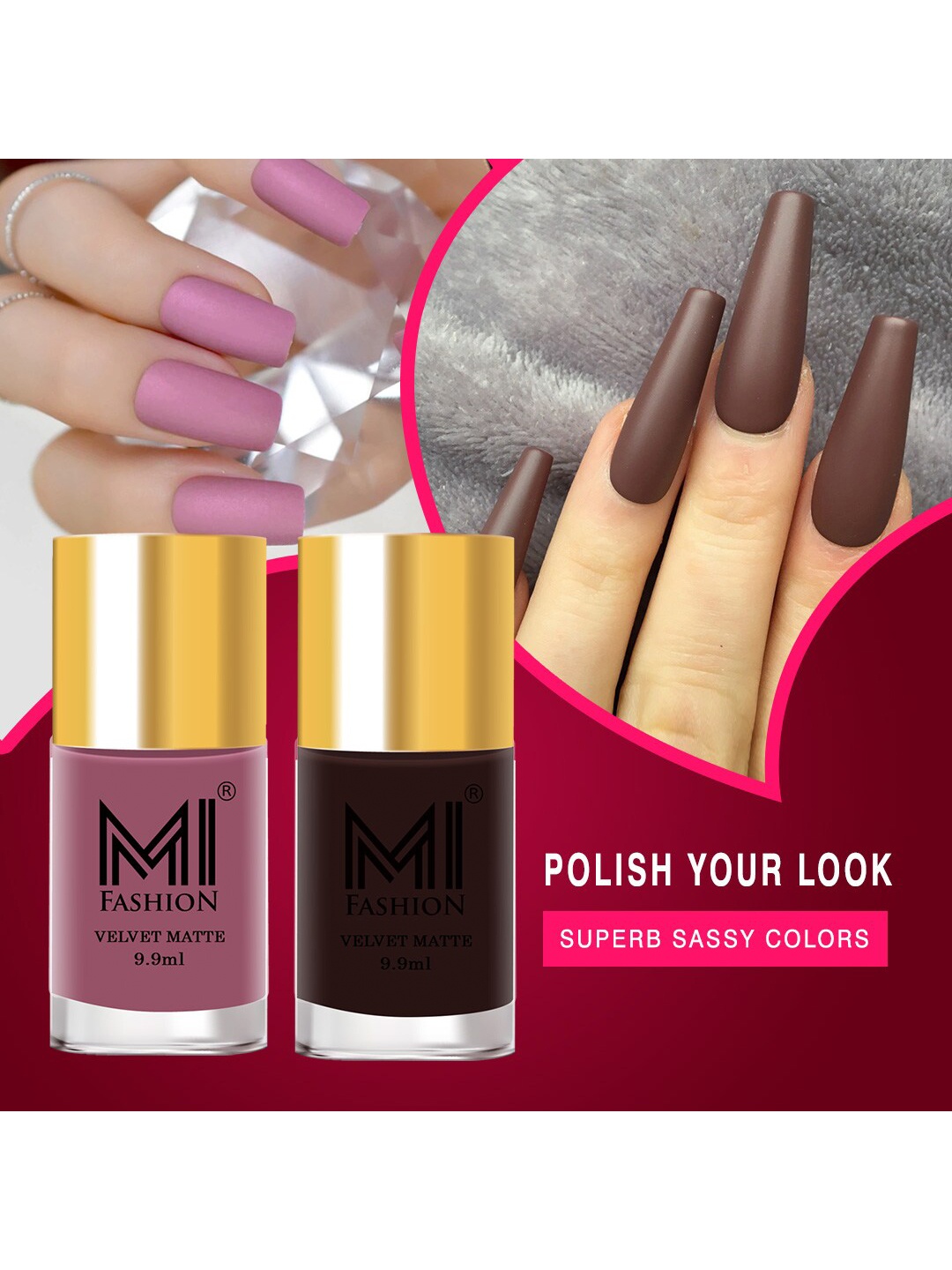 

MI FASHION Set of 2 Velvet Matte Long Lasting Nail Polish 9.9 ml Each - Shades 39 & 09, Brown