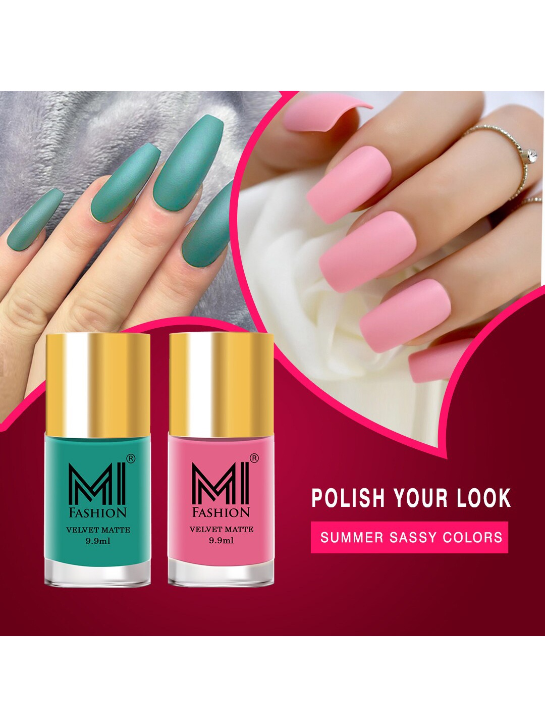 

MI FASHION Set of 2 Velvet Matte Truly Unique Long Lasting Nail Polish - 9.9 ml Each, Pink