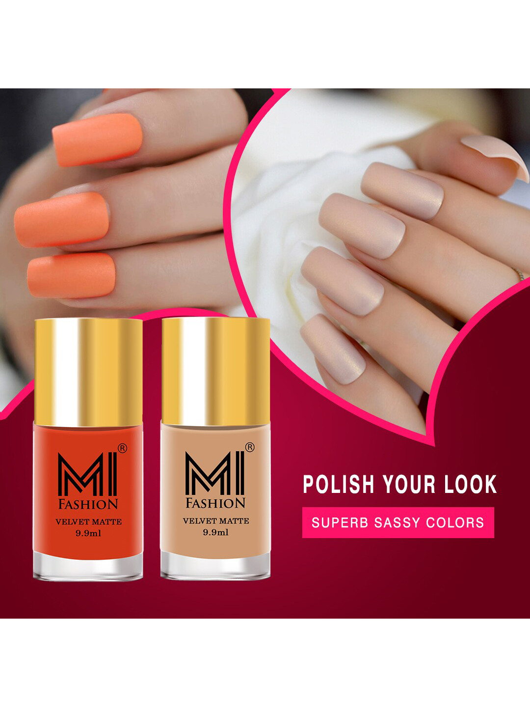

MI FASHION Set of 2 Velvet Matte Long Lasting Nail Polish 9.9 ml Each - Shades 16 & 28, Orange