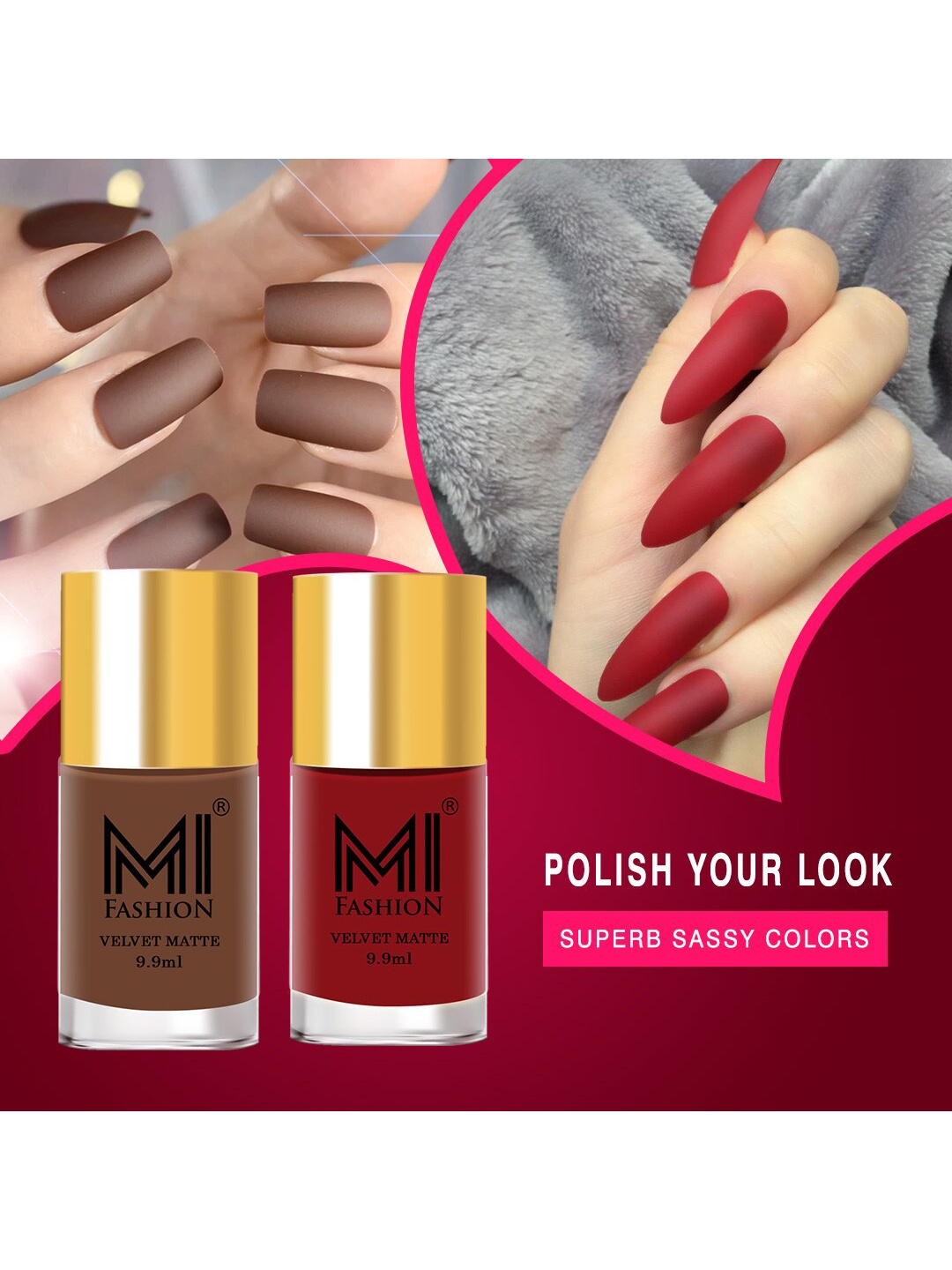 

MI FASHION Set of 2 Velvet Matte Long Lasting Nail Polish 9.9 ml Each - Shades 22 & 34, Brown