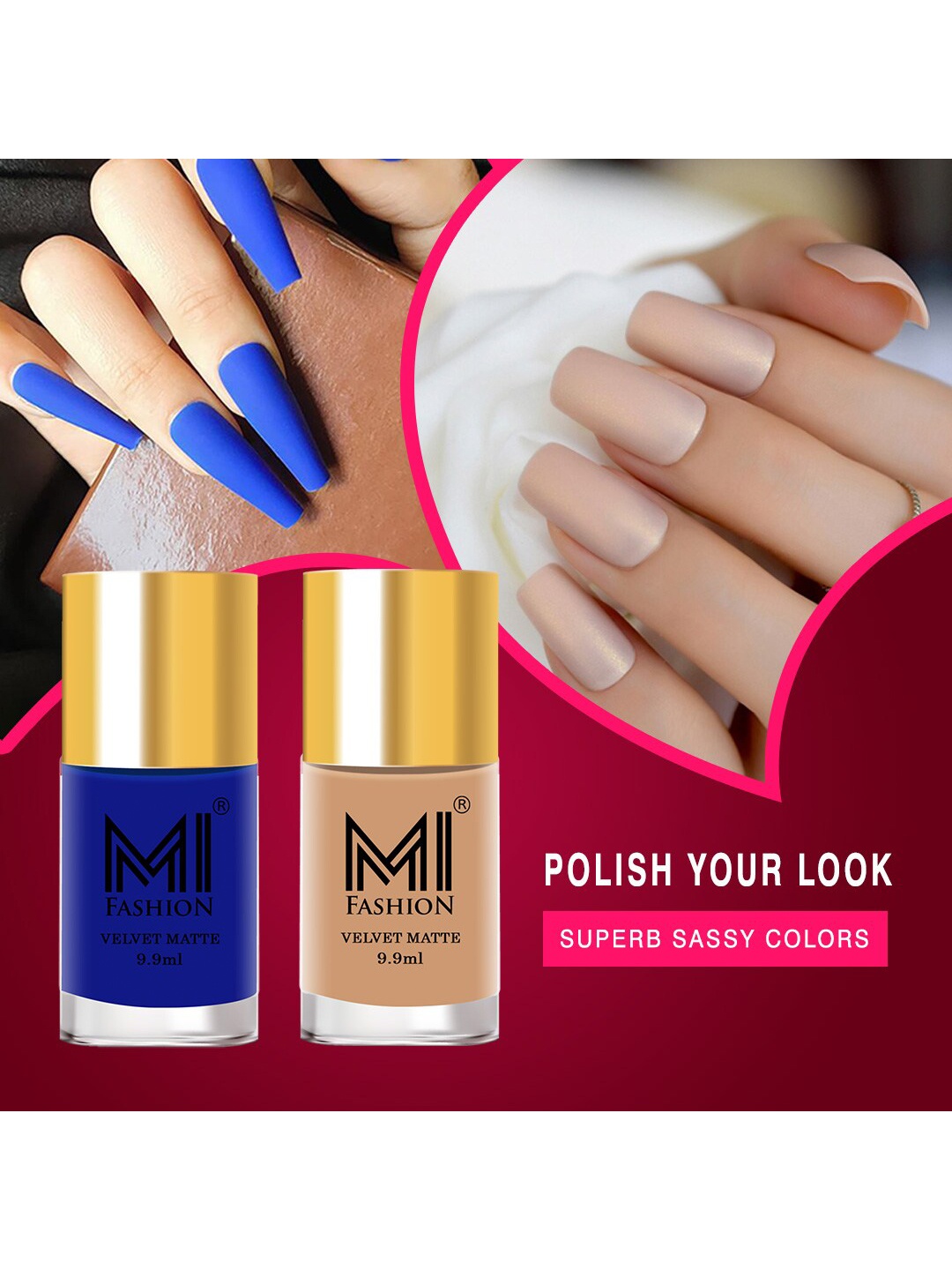 

MI FASHION Set of 2 Velvet Matte Long Lasting Nail Polish 9.9 ml Each - Shades 19 & 28, Blue