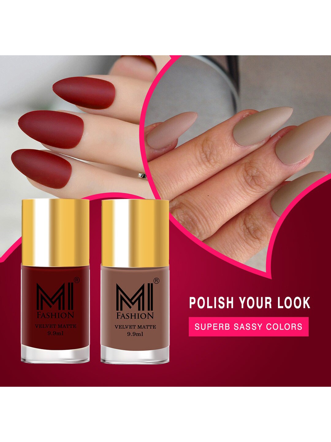 

MI FASHION Set of 2 Velvet Matte Long Lasting Nail Polish 9.9 ml Each - Shades 36 & 08, Maroon