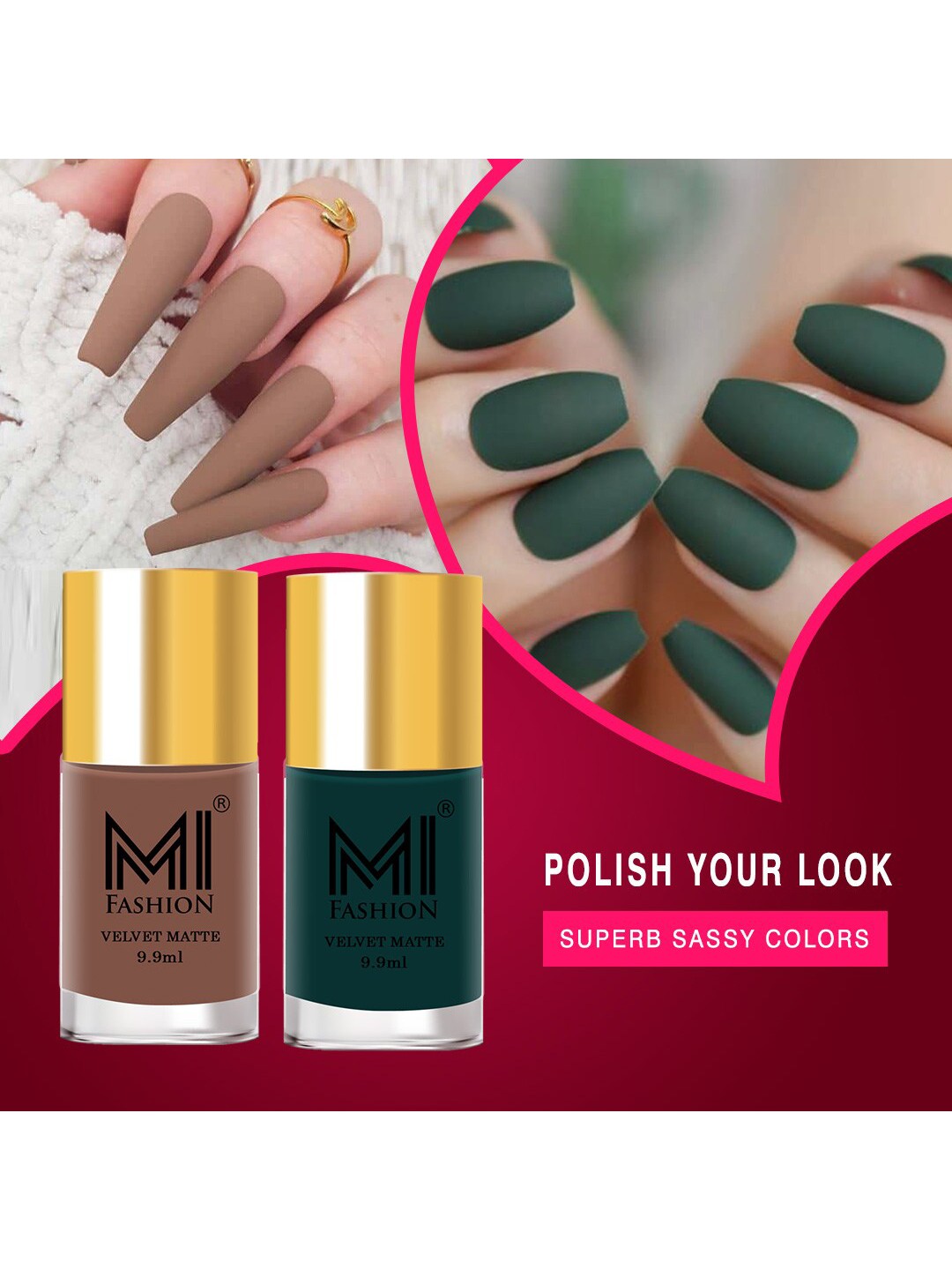 

MI FASHION Set of 2 Velvet Matte Long Lasting Nail Polish 9.9 ml Each - Shades 36 & 12, Green