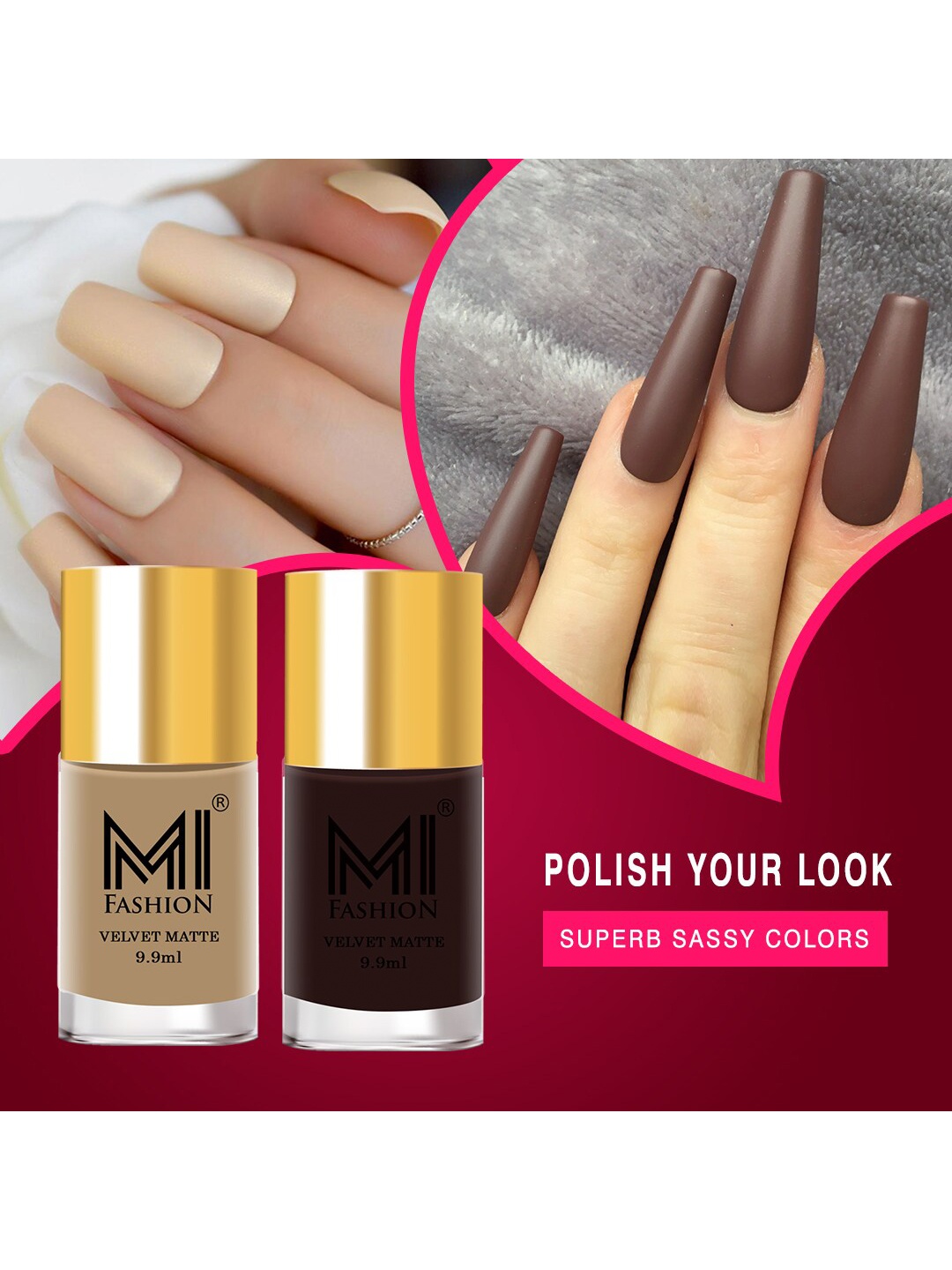 

MI FASHION Set of 2 Velvet Matte Truly Unique Long Lasting Nail Polish - 9.9 ml Each, Brown