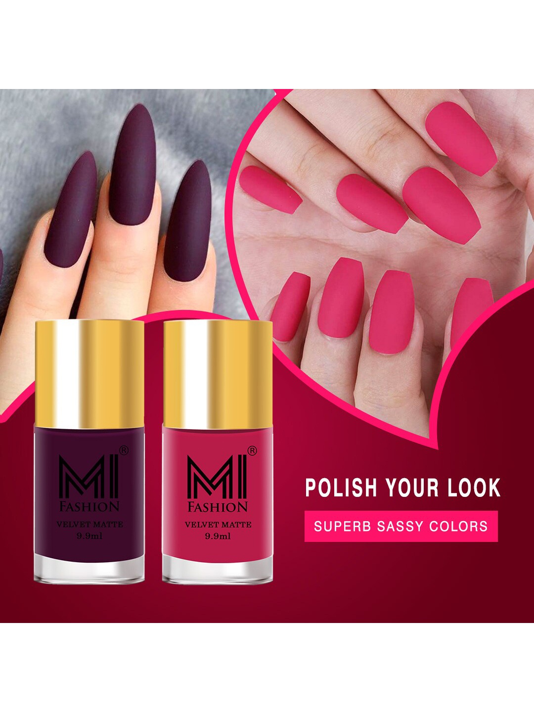 

MI FASHION Set of 2 Velvet Matte Long Lasting Nail Polish 9.9 ml Each - Shades 29 & 24, Pink