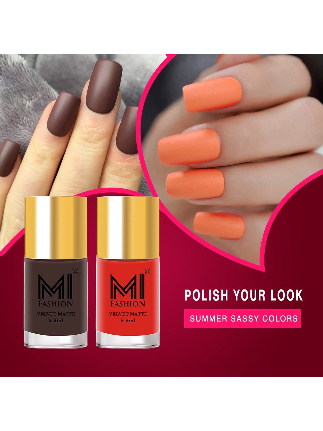 

MI FASHION Set of 2 Velvet Matte Truly Unique Long Lasting Nail Polish - 9.9 ml Each, Orange