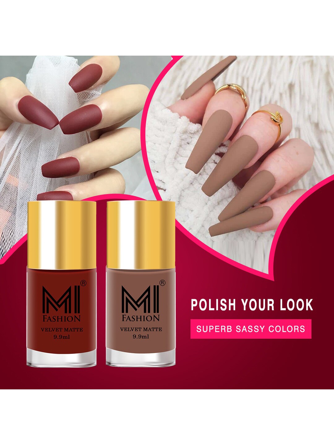 

MI FASHION Set of 2 Velvet Matte Truly Unique Long Lasting Nail Polish - 9.9 ml Each, Red