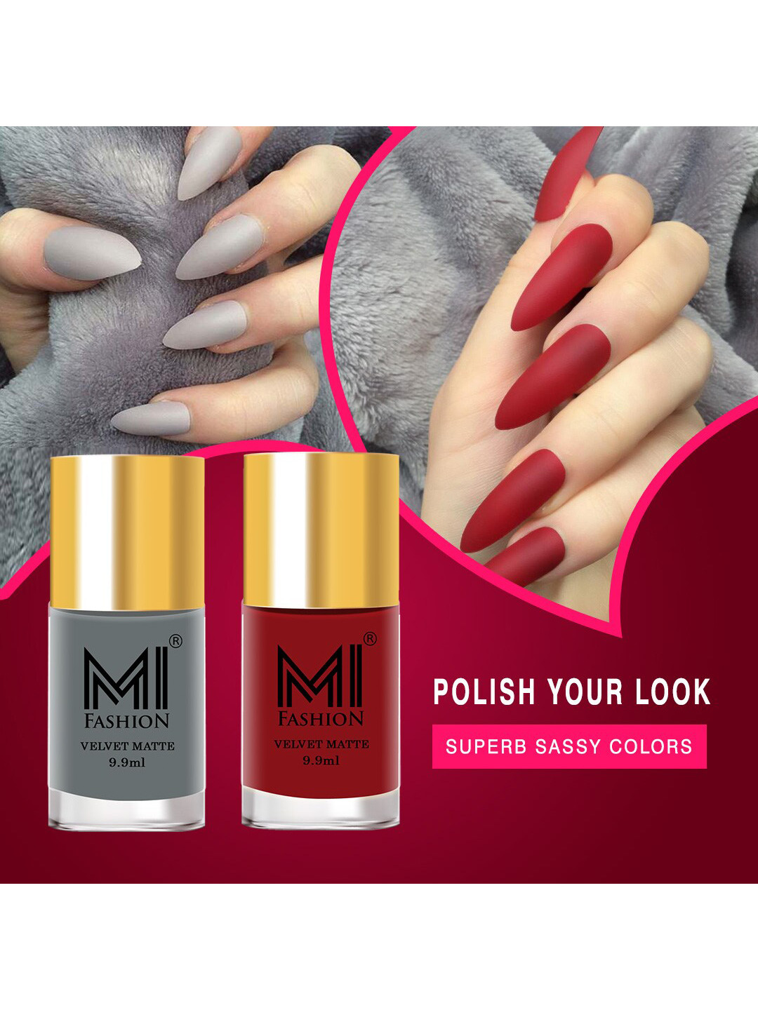 

MI FASHION Set of 2 Velvet Matte Truly Unique Long Lasting Nail Polish - 9.9 ml Each, Grey