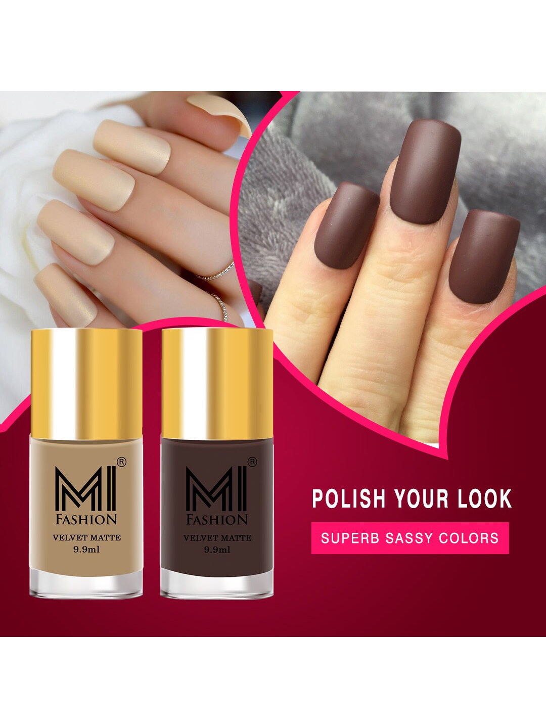 

MI FASHION Set of 2 Velvet Matte Long Lasting Nail Polish 9.9 ml Each - Shades 32 & 02, Nude