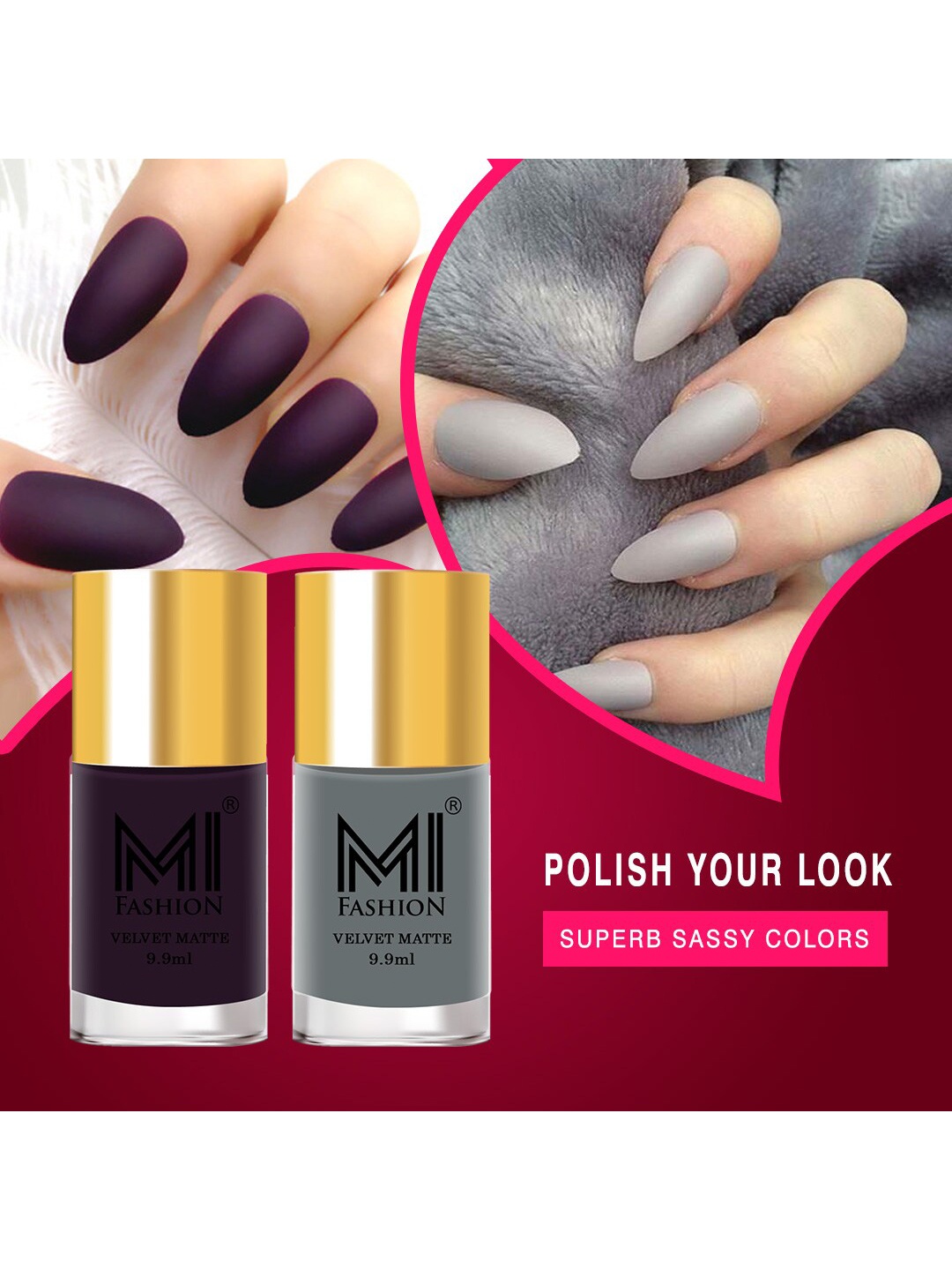 

MI FASHION Set of 2 Velvet Matte Truly Unique Long Lasting Nail Polish - 9.9 ml Each, Grey