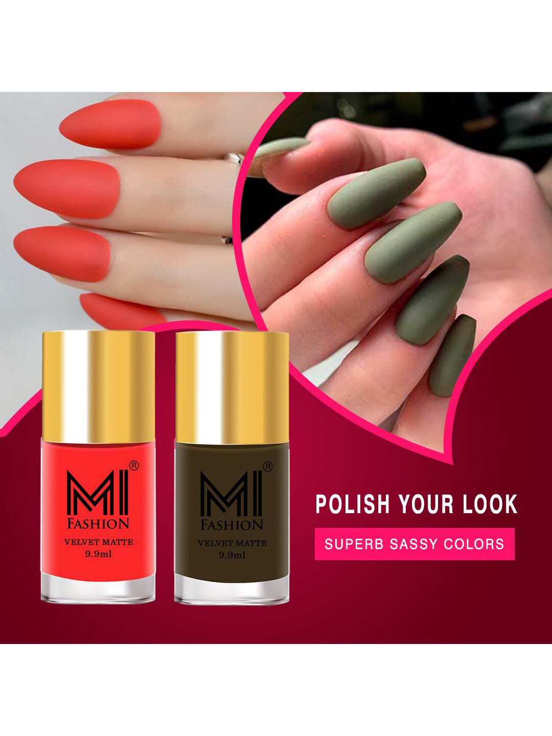 

MI FASHION Set of 2 Velvet Matte Long Lasting Nail Polish 9.9 ml Each - Shades 15 & 11, Orange