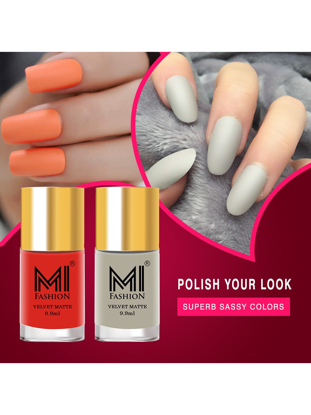 

MI FASHION Set of 2 Velvet Matte Long Lasting Nail Polish 9.9 ml Each - Shades 04 & 46, Orange