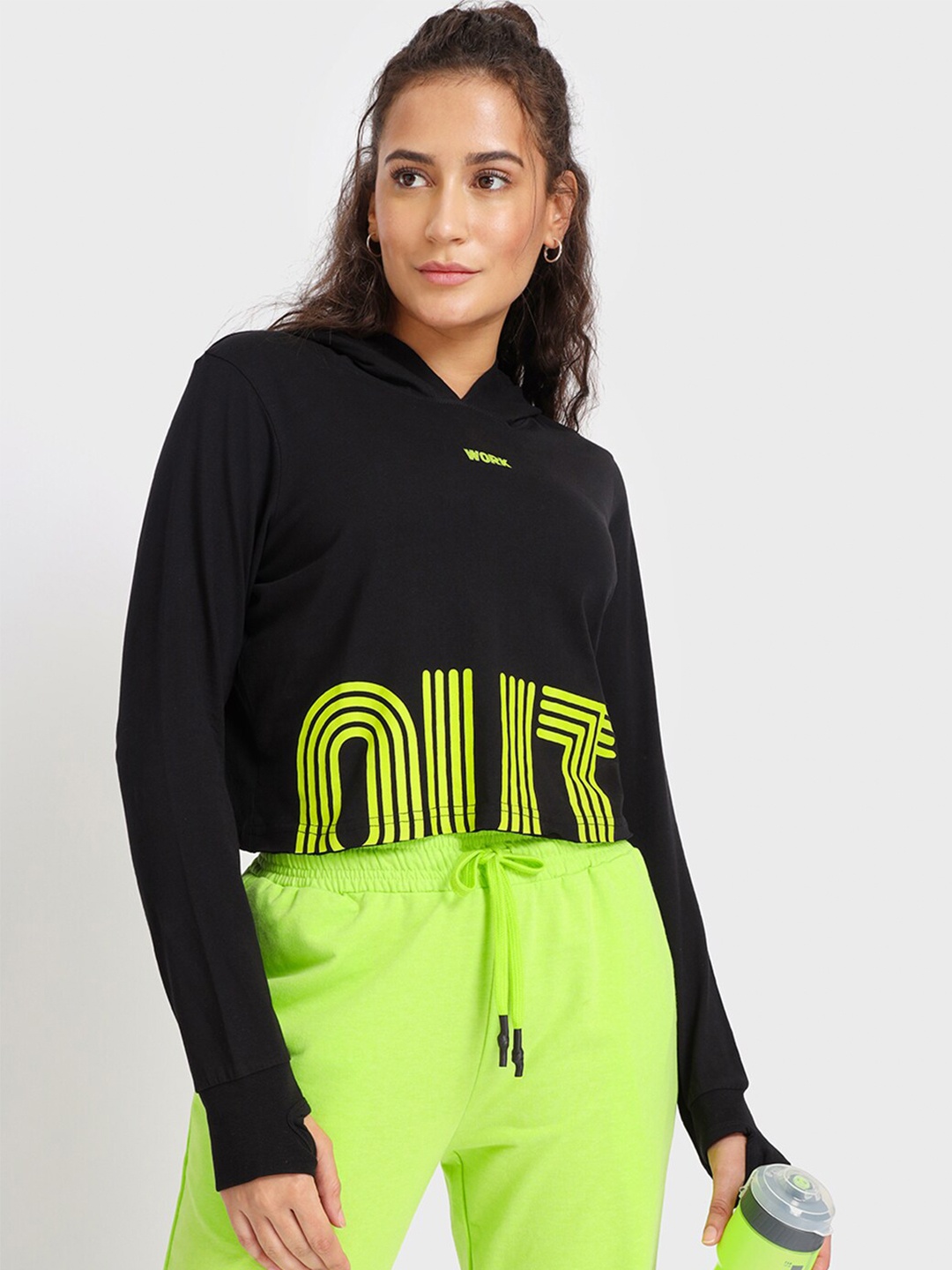 

Bewakoof Women Black & Fluorescent Green Printed Hooded Sweatshirt