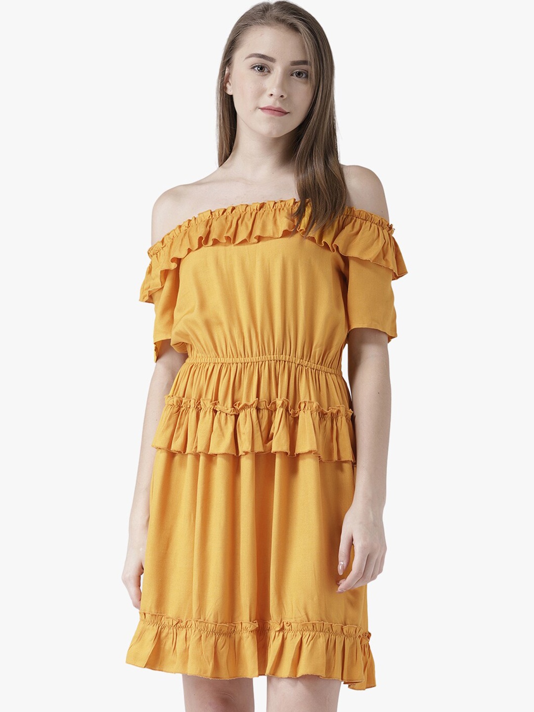 

DODO & MOA Women Mustard Yellow Solid Off-Shoulder Dress